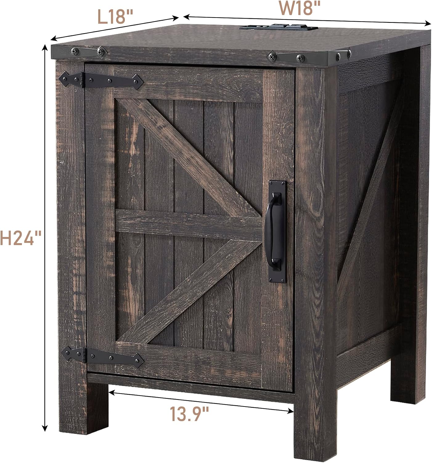 OKD Nightstand with Charging Station, 18 Inch Farmhouse End Table with Barn Door and Adjustable Storage Shelf, Rustic Wood Sofa Side Table w/Magnetic Door for Living Room, Bedroom, Dark Rustic Oak