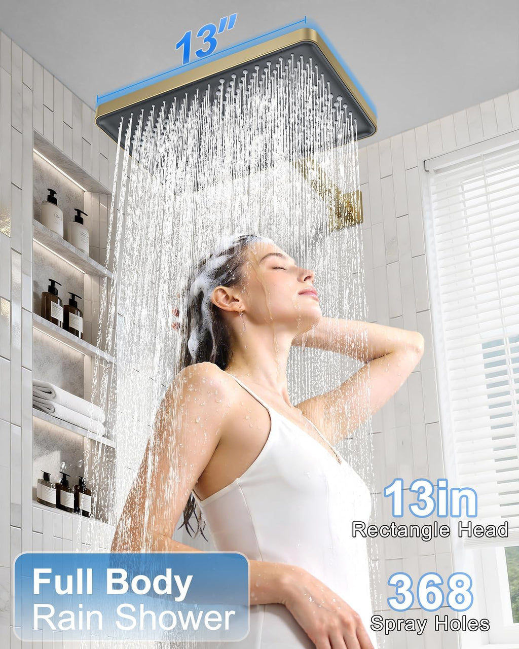 Shower System 13-Inch Rainfall Shower Head - 3 Setting Handheld Sprayer, Complete Bathroom Set with Faucet Mixer Trim Kit & Valve Brushed Gold