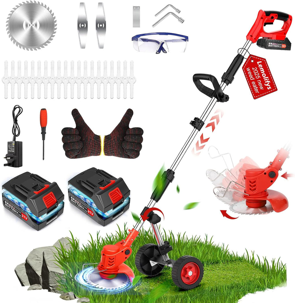 Cordless Weed Wacker with Wheel, Electric Weed Eater Battery Powered W/Blade, 3 in 1 Weed Trimmer Edger Weed Brush Cutter Mower, No String Grass Trimmer Wheel Yard Garden Tool