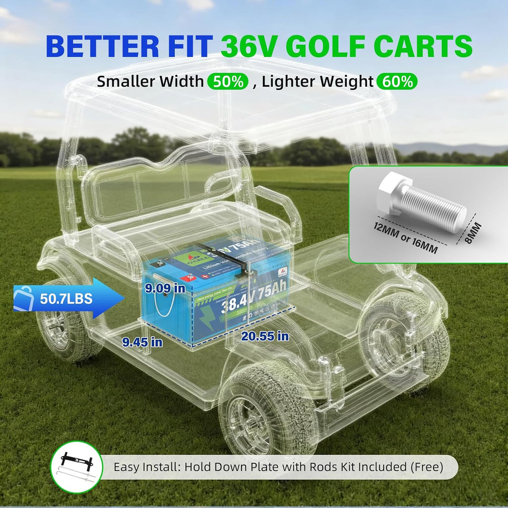 36V 75Ah LiFePO4 Battery (38.4V 2880Wh) - 10-Year Lifespan, Max 4500W (6HP) | Bluetooth 200A BMS, Touch LCD, 43.8V 15A IP67 Charger, Mounting Bracket | Ideal for Golf Carts, Trolling Motors, Solar