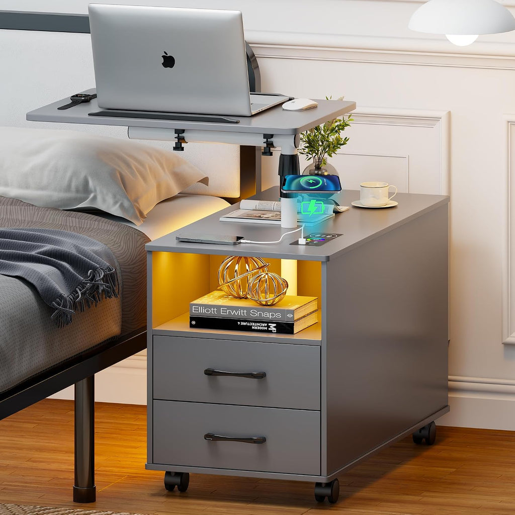 Smart Night Stand with 360° Laptop Tray, RGB Nightstand with Charging Station,Modern Bedside Table with 24-Color Human Sensor Lights,Large End Table w/ 2 Drawers,3 Shelves,5 Wheels,Grey