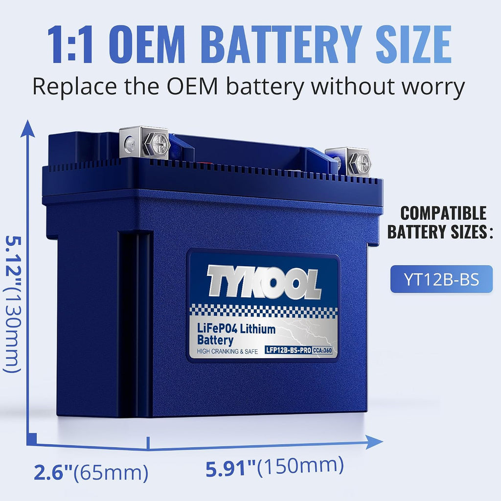 TYKOOL LFP12B-BS-PRO Lithium Battery, Replaces YT12B-BS YT12B-4, 360CCA 6Ah Fits for Motorcycle Scooter ATV, Compatible with Ducati Superbike Monster Multistrada Yamaha R1 FZ6 Kawasaki ZX10R, [+ -]