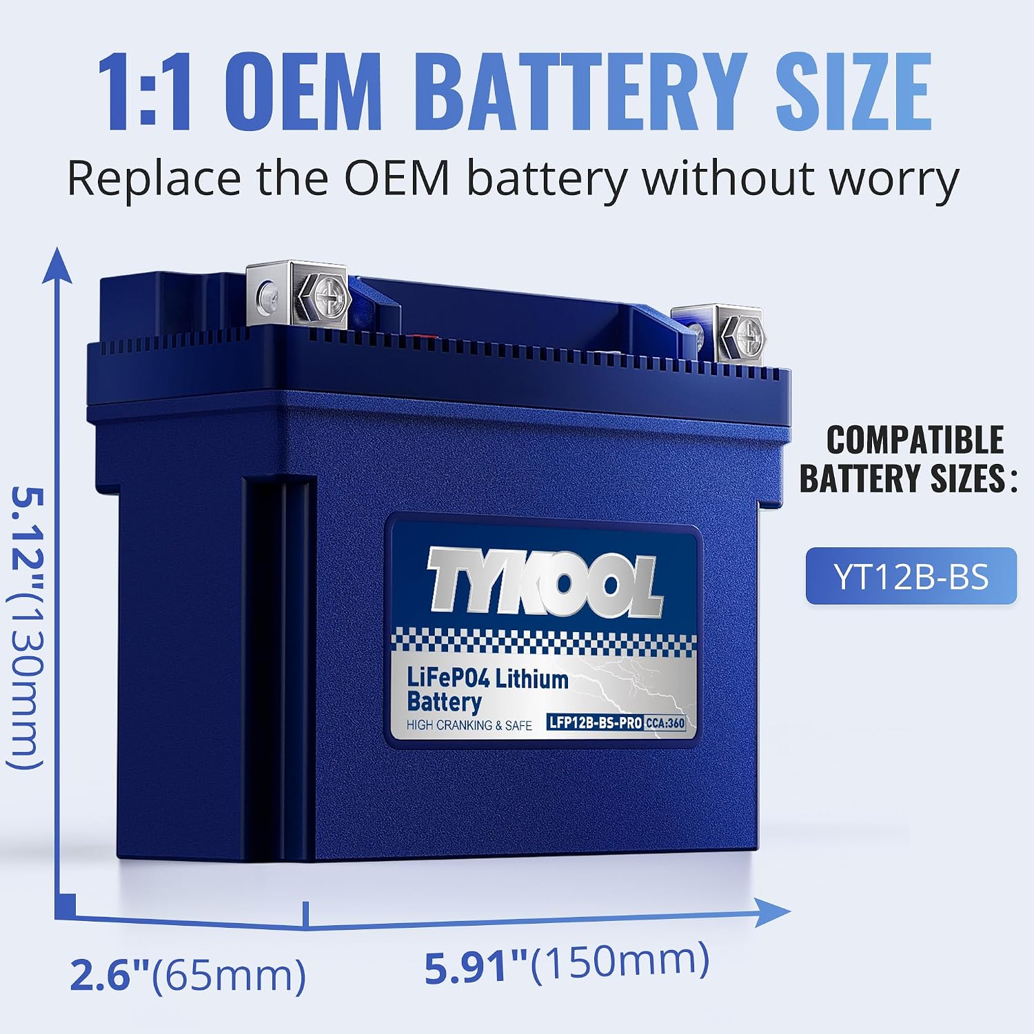 TYKOOL LFP12B-BS-PRO Lithium Battery, Replaces YT12B-BS YT12B-4, 360CCA 6Ah Fits for Motorcycle Scooter ATV, Compatible with Ducati Superbike Monster Multistrada Yamaha R1 FZ6 Kawasaki ZX10R, [+ -]
