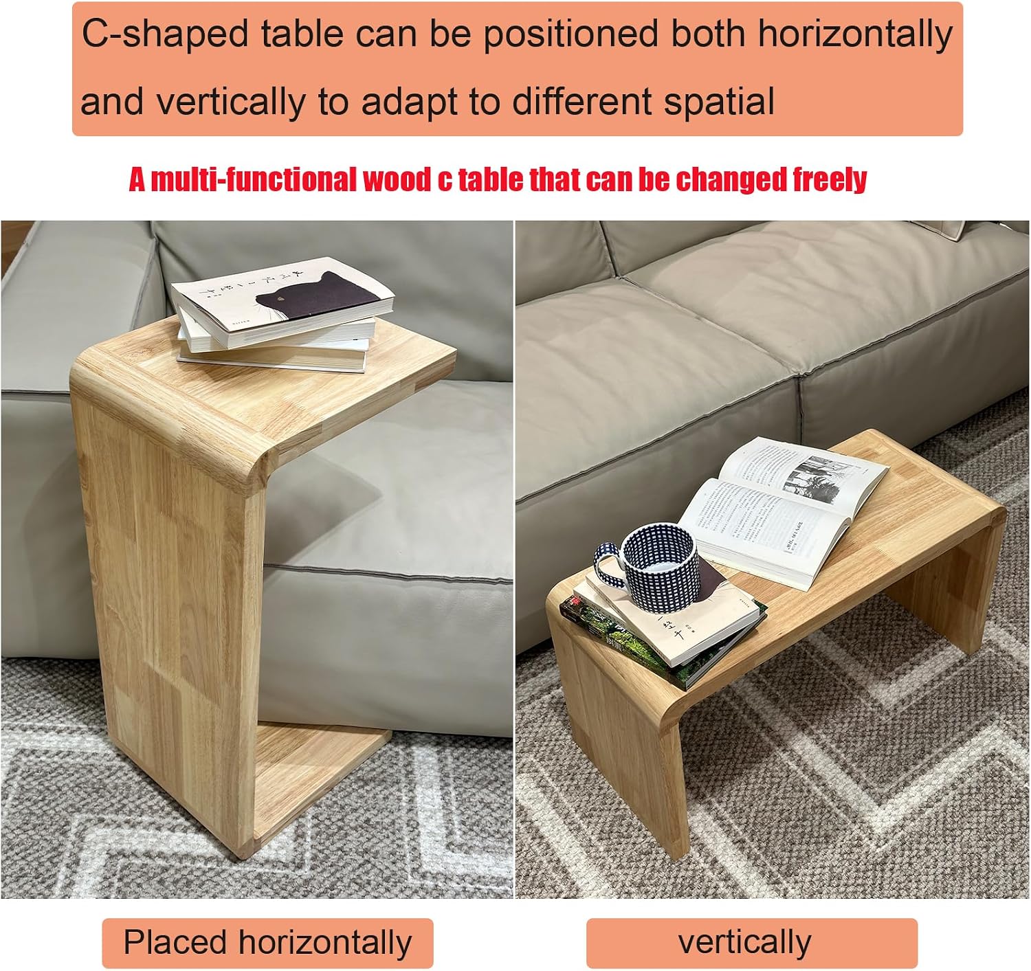 C Shaped End Table, Solid Wood Sofa Side Table for Couch, Bed, and Living Room, Space-Saving Small Snack Table for Bedroom, Office, or Balcony, Wooden Nightstand for Laptop and Narrow Spaces