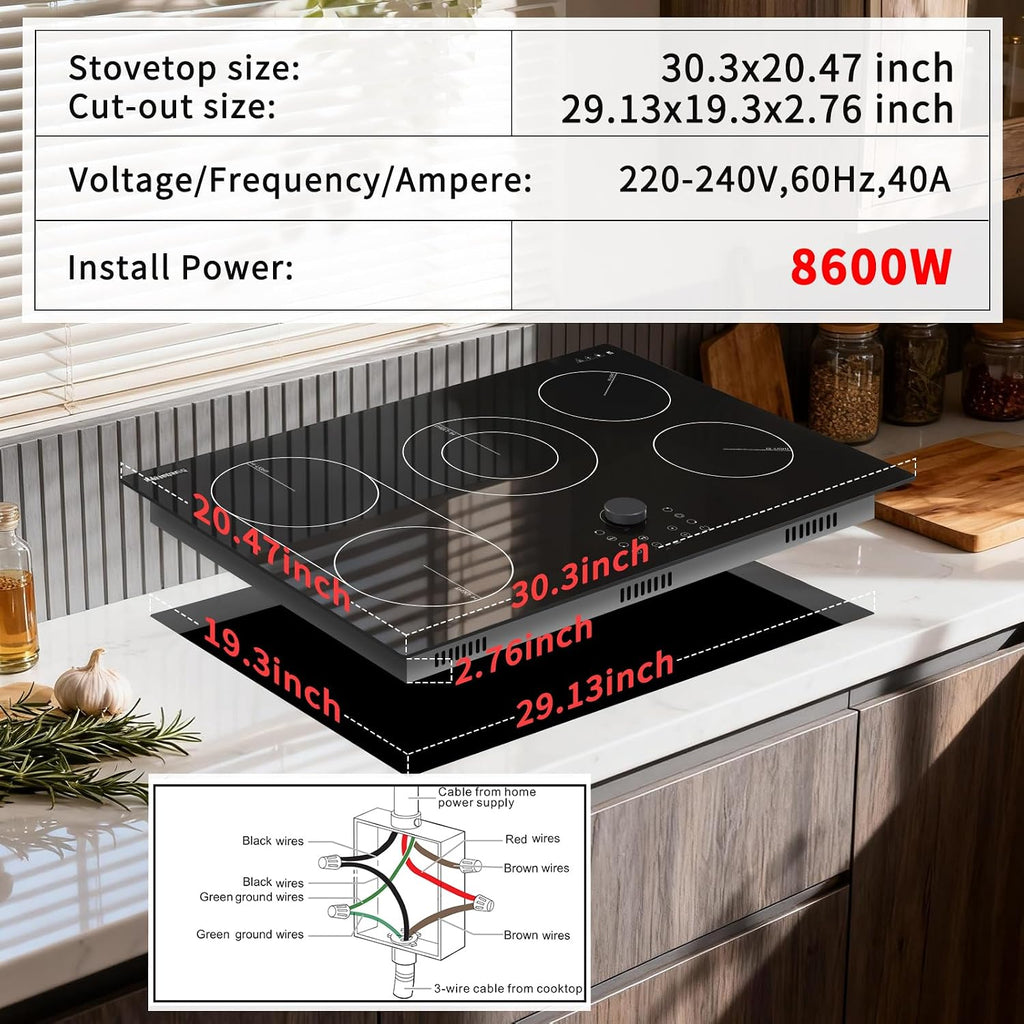 Karinear Electric Cooktop 30 Inch with Magnetic Knob, Bridge BBQ, 5 Burner Radiant Stove Top, 8600W 240V Built-in Hob, 9 Heat Levels, 99-Min Timer, Child Lock, Pause