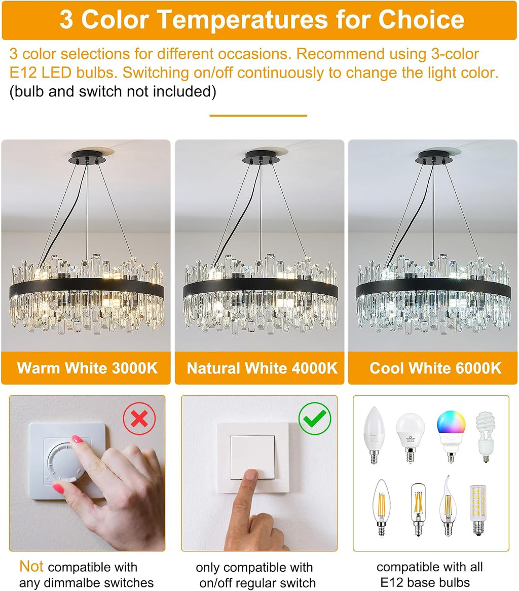 Round Crystal Chandeliers, D23.6 inch 12-Light Black Chandelier Lighting Fixture, Height Adjustable Pendant Ceiling Light for Living Room Dining Room Bedroom