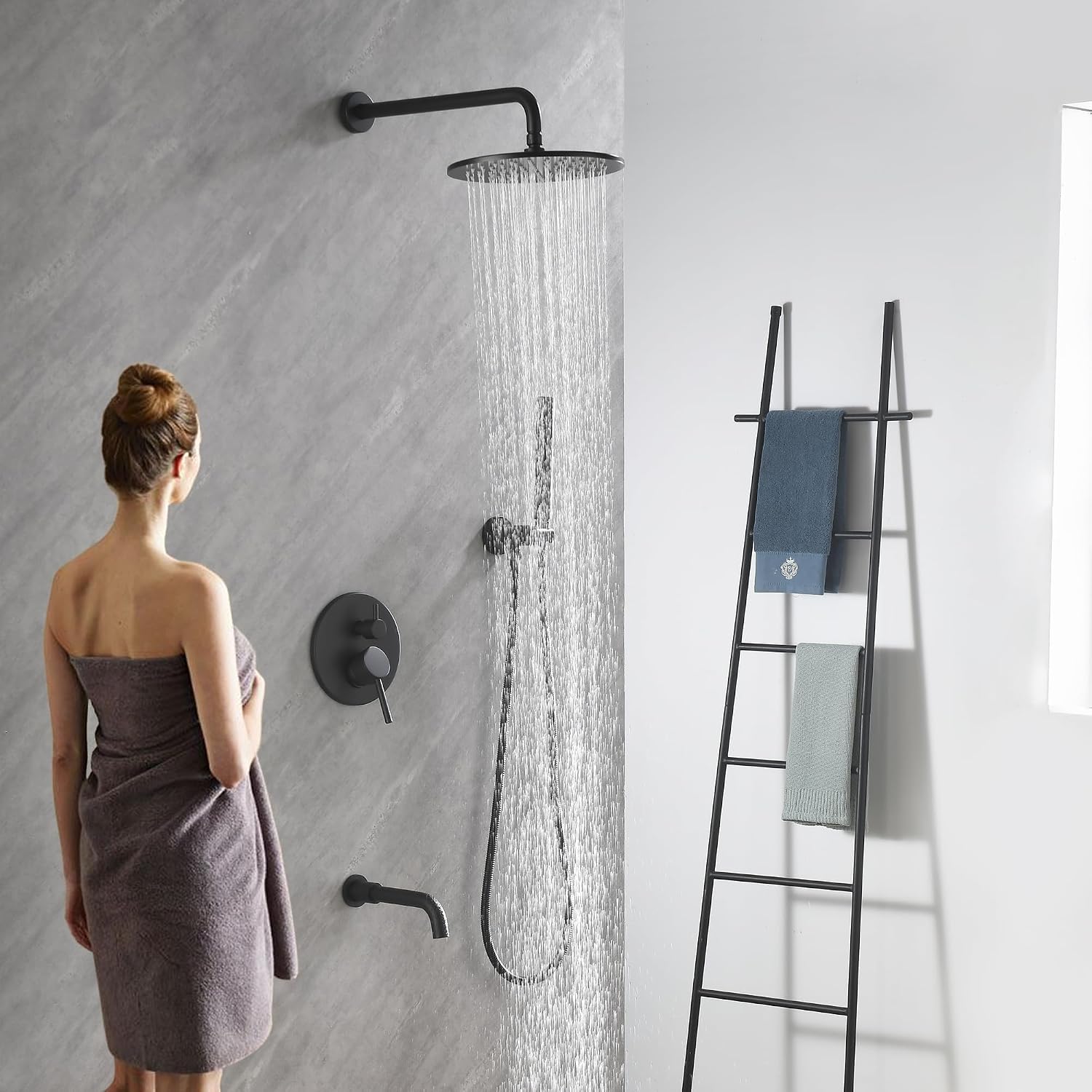 3 Functions Shower System with Tub Spout, 10' Round Wall Mounted Rain Shower System, High-Pressure Shower Head with 2 Modes Handheld Spray, Matte Black Shower Head System