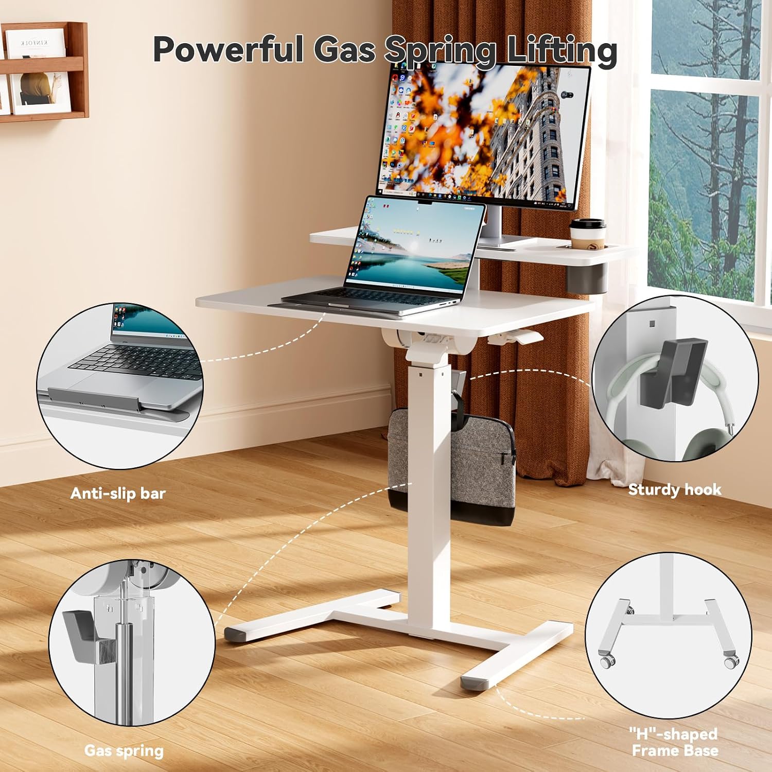 28Inch Mobile Standing Desk On Wheels， Rolling Laptop Stand with Tiltable Desktop， Small Computer Workstation Adjustable Height， 2-Tier Portable Study Table with Storage Shelves， White