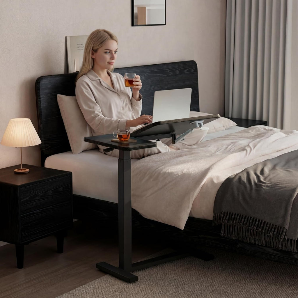 Solid Wood Overbed Bedside Table with Wheels, Tilting Adjustable Hospital Bed Table Over The Bed, Medical Mobile Laptop Stand, Rolling Standing Desk for Hospital and Home Use(Black)