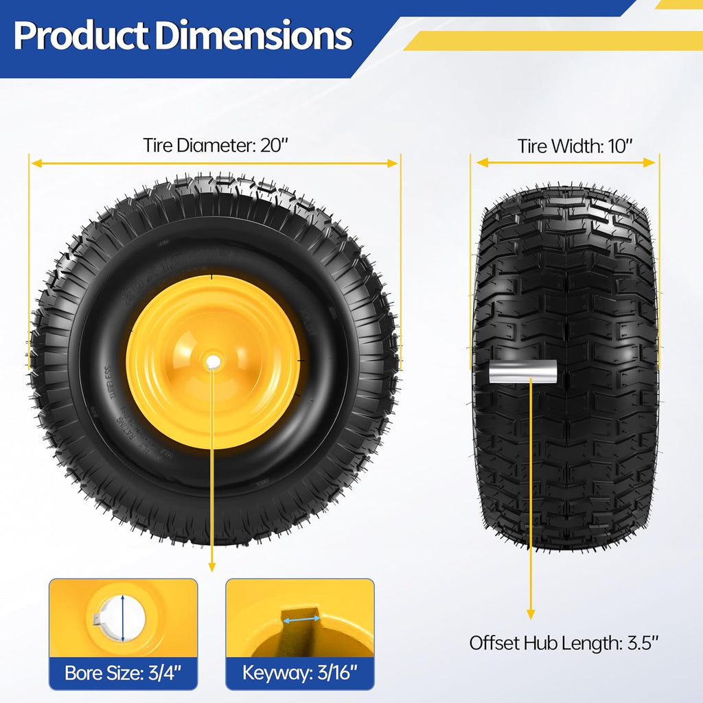 2 Pcs 20x10.00-8 Tubeless Lawn Mower Tire and Wheel, 20x10-8 Air-Filled Rear Tire and Rim Assembly for Riding Mowers, Lawn Tractors, Garden Tractors, 3/4' Bore, 3/16' Keyway, 3.5' Offset Hub, 4 Ply