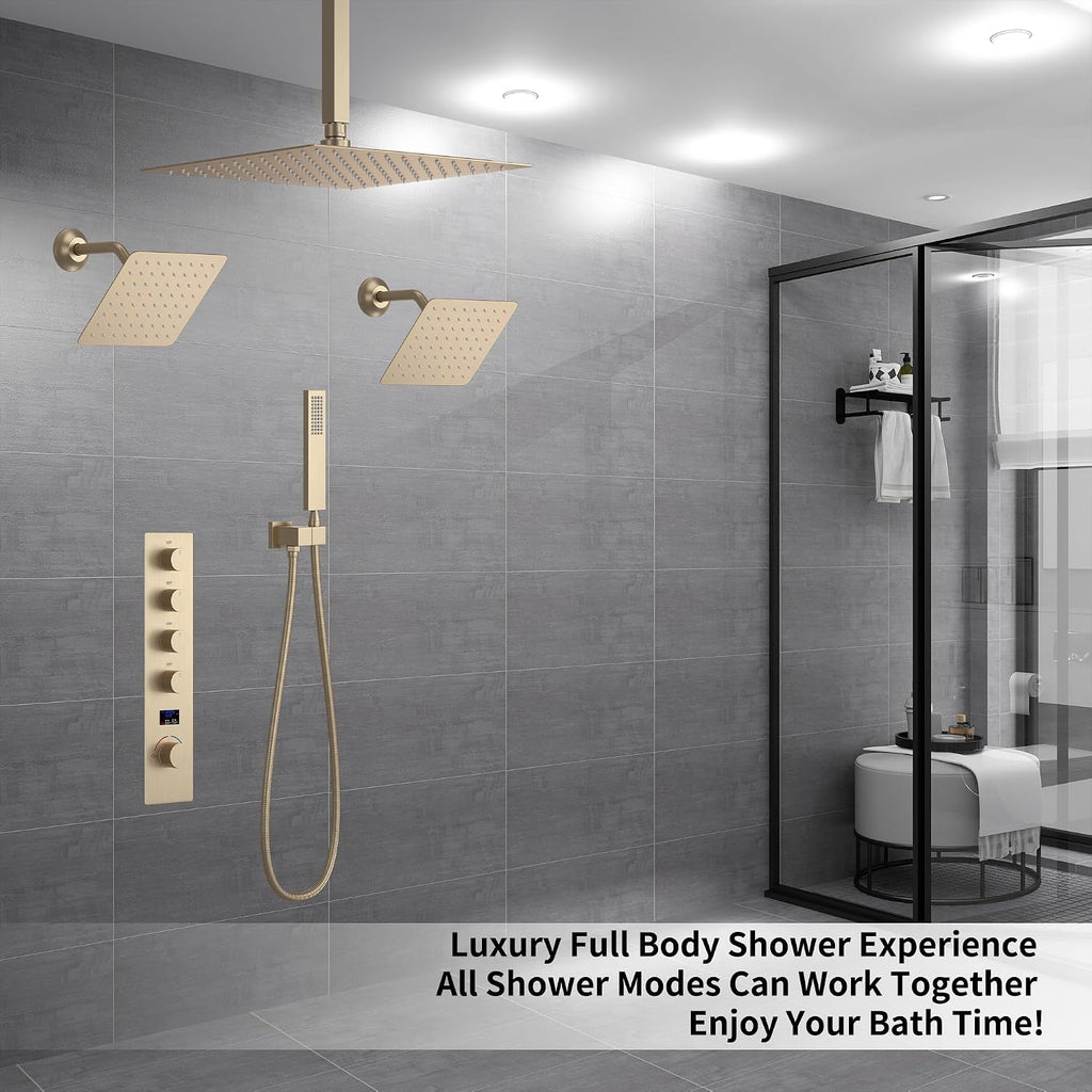 Brushed Gold Shower System with 3 Rain Shower Head(12+8+8 inch), Handheld Spray, 4 Way Smart Temperature Display Shower Faucet set