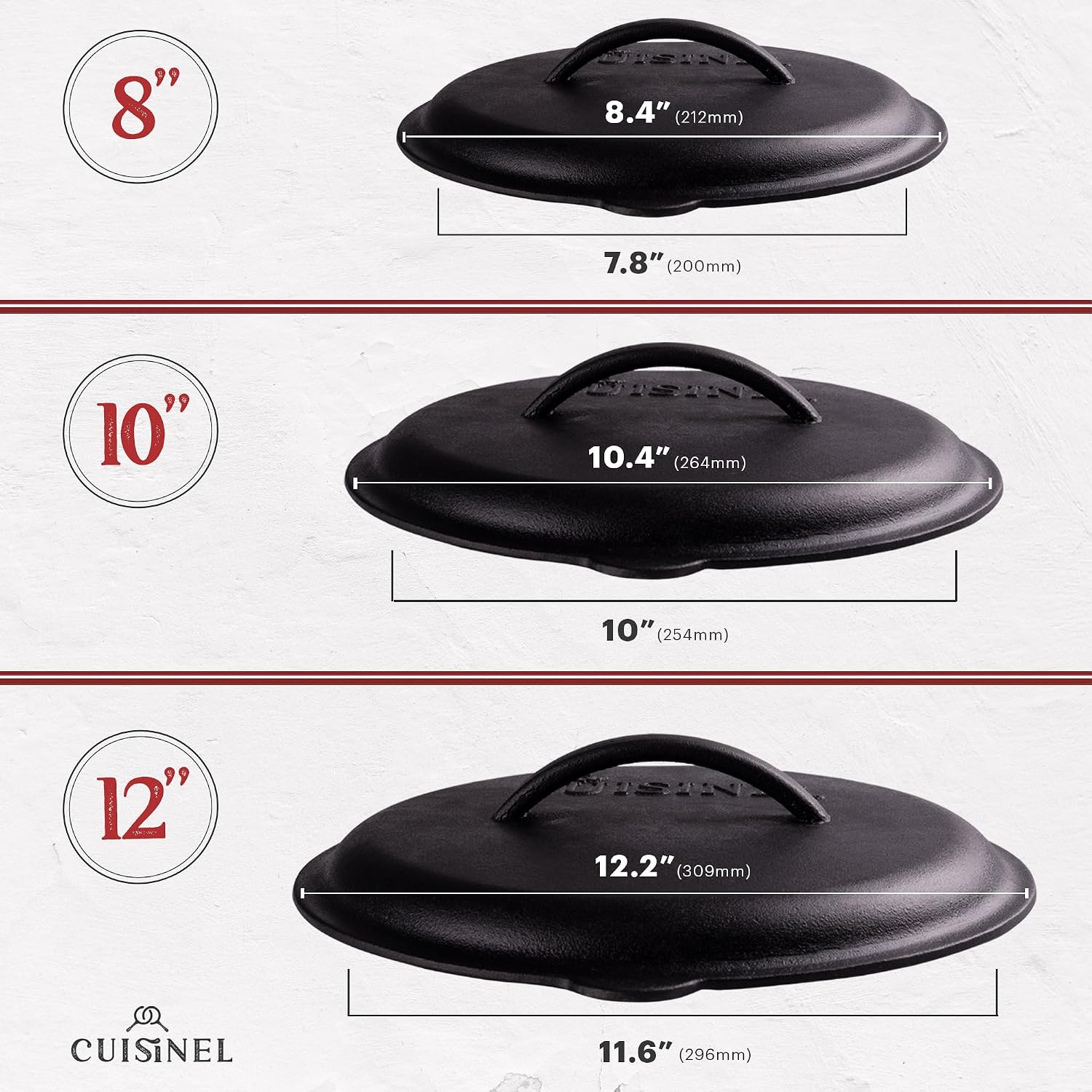 Cuisinel 12' + 10' + 8'-Inch Cast Iron Skillets Set with Braiser Lids + Silicone Handle Grips + Pan Scraper - Indoor/Outdoor Pre-Seasoned Kitchen Cookware - Oven, Fire, Stove Safe