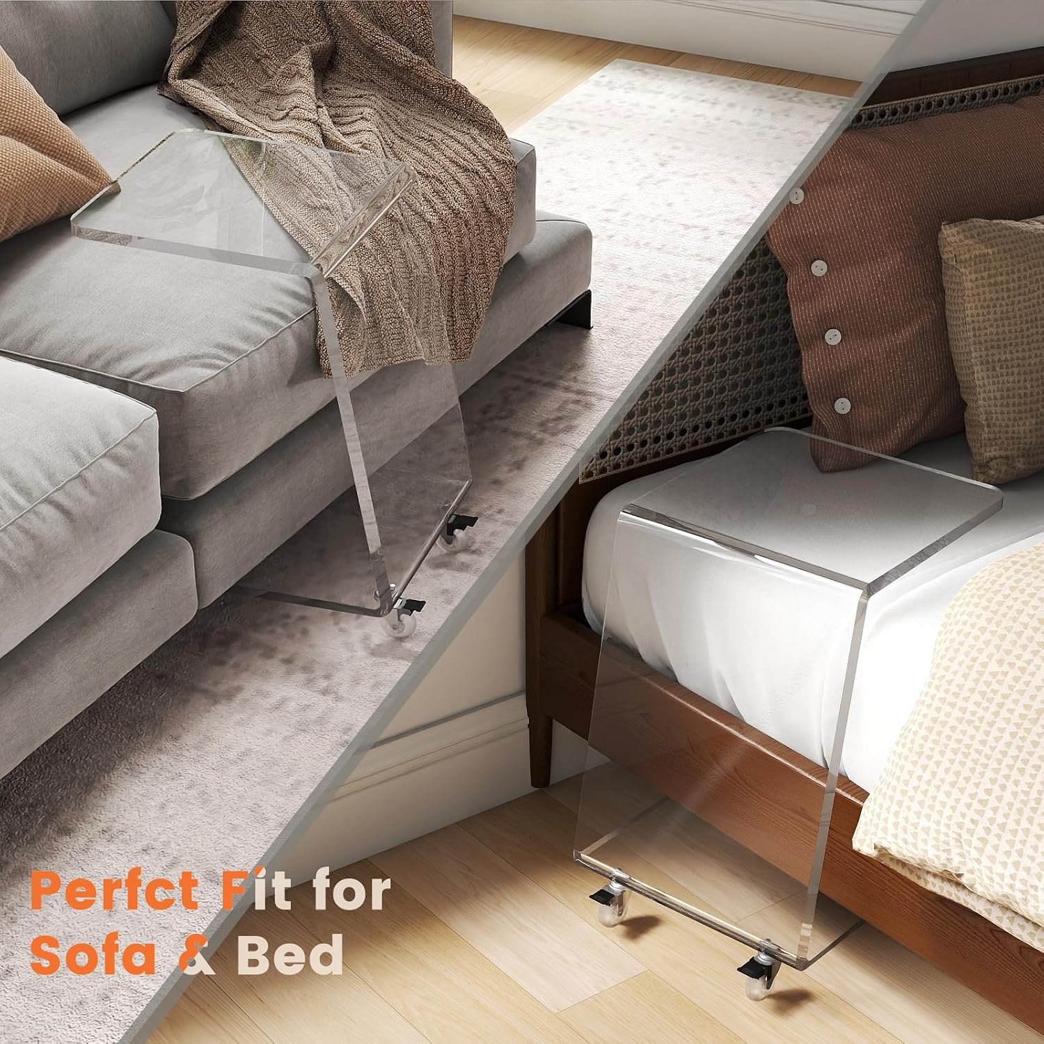 2-Pack C Shaped Side Table for Sofa, Heavy Clear Acrylic Mobile End Table on Wheels, Modern Rolling Snack & Drink for Living Room & Bedroom, Space-Efficient Design with Sturdy Construction, 15mm Thick