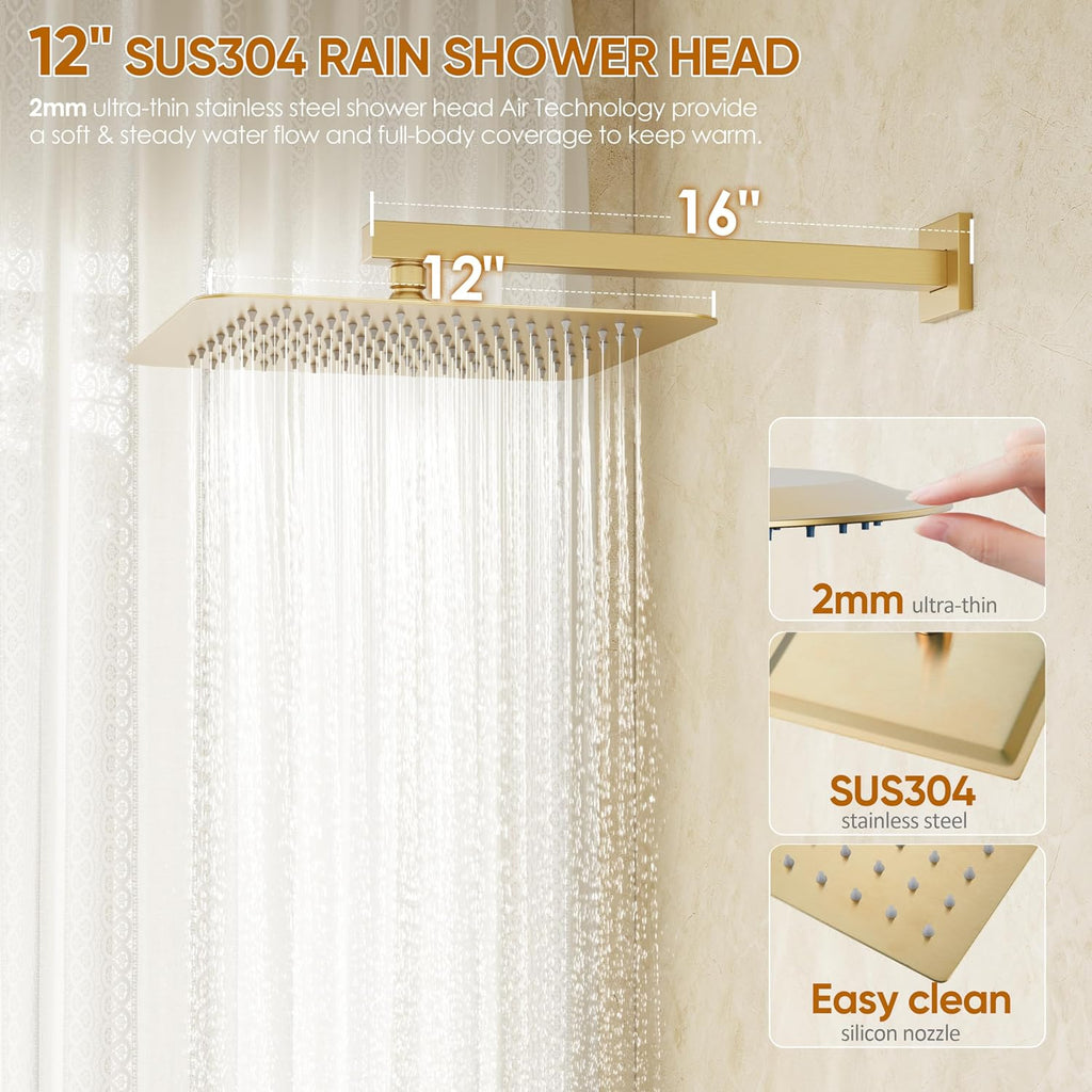 Gold Tub Shower System, All Metal Tub Shower Faucet Set with 12' Rain Shower Head and Handheld Spray combo, Wall Mounted Shower Systems with Tub Spout, Valve and Trim Kit, Brushed Gold