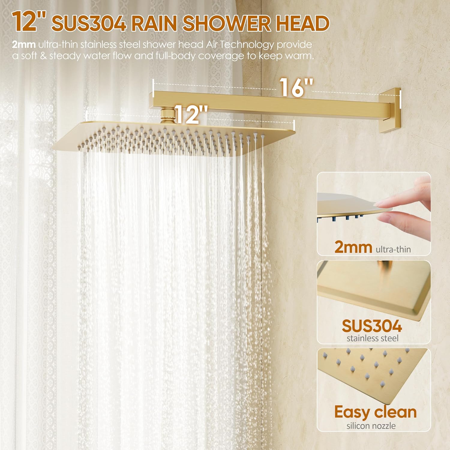 Gold Tub Shower System, All Metal Tub Shower Faucet Set with 12' Rain Shower Head and Handheld Spray combo, Wall Mounted Shower Systems with Tub Spout, Valve and Trim Kit, Brushed Gold