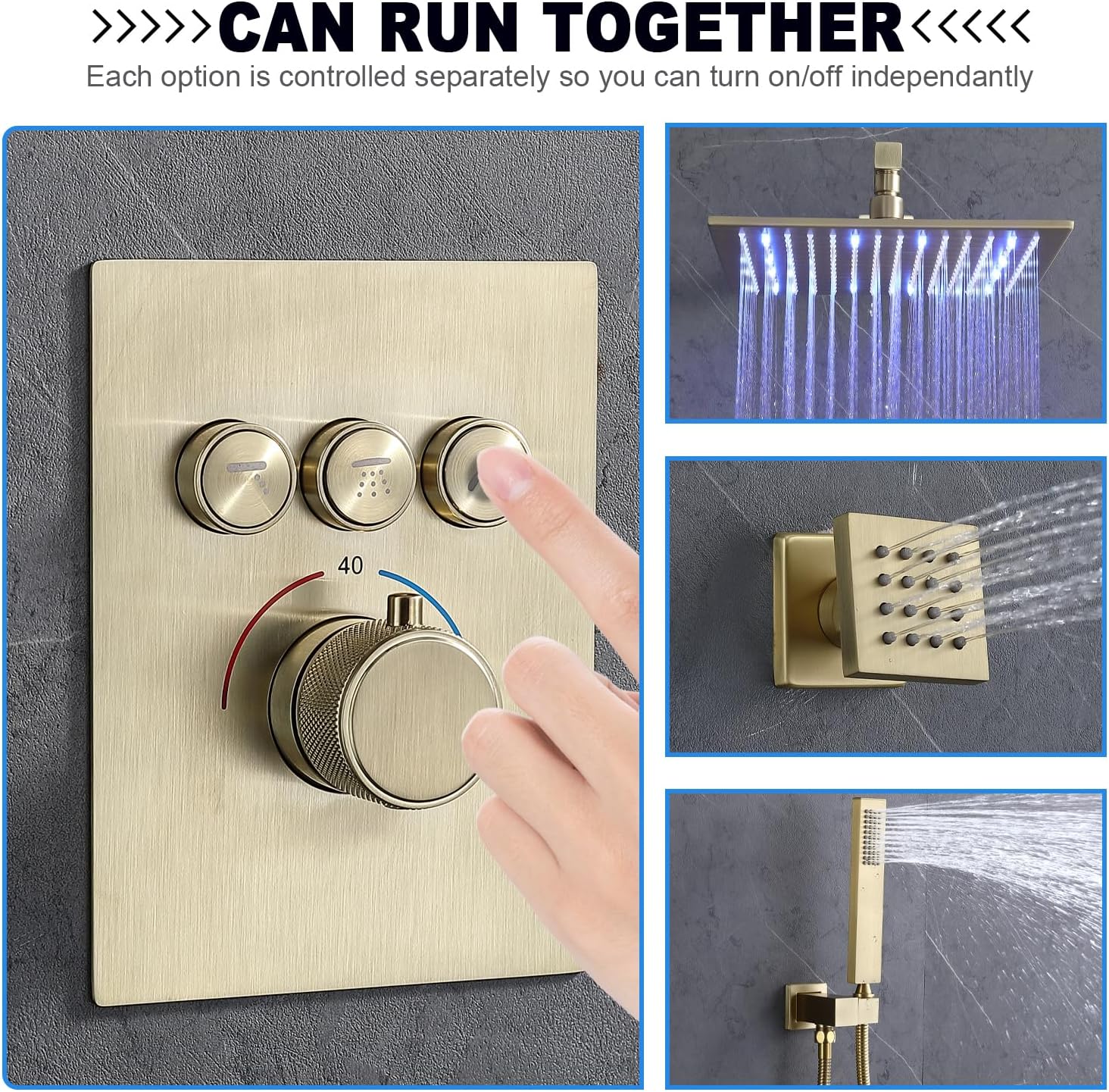 Brushed Gold Rain Shower System - Enga Full Body Spray Shower 12inch Ceiling Rain Showerhead with Body Jets, Thermostatic Modern Shower Combo Set, All Faucet On At The Same Time