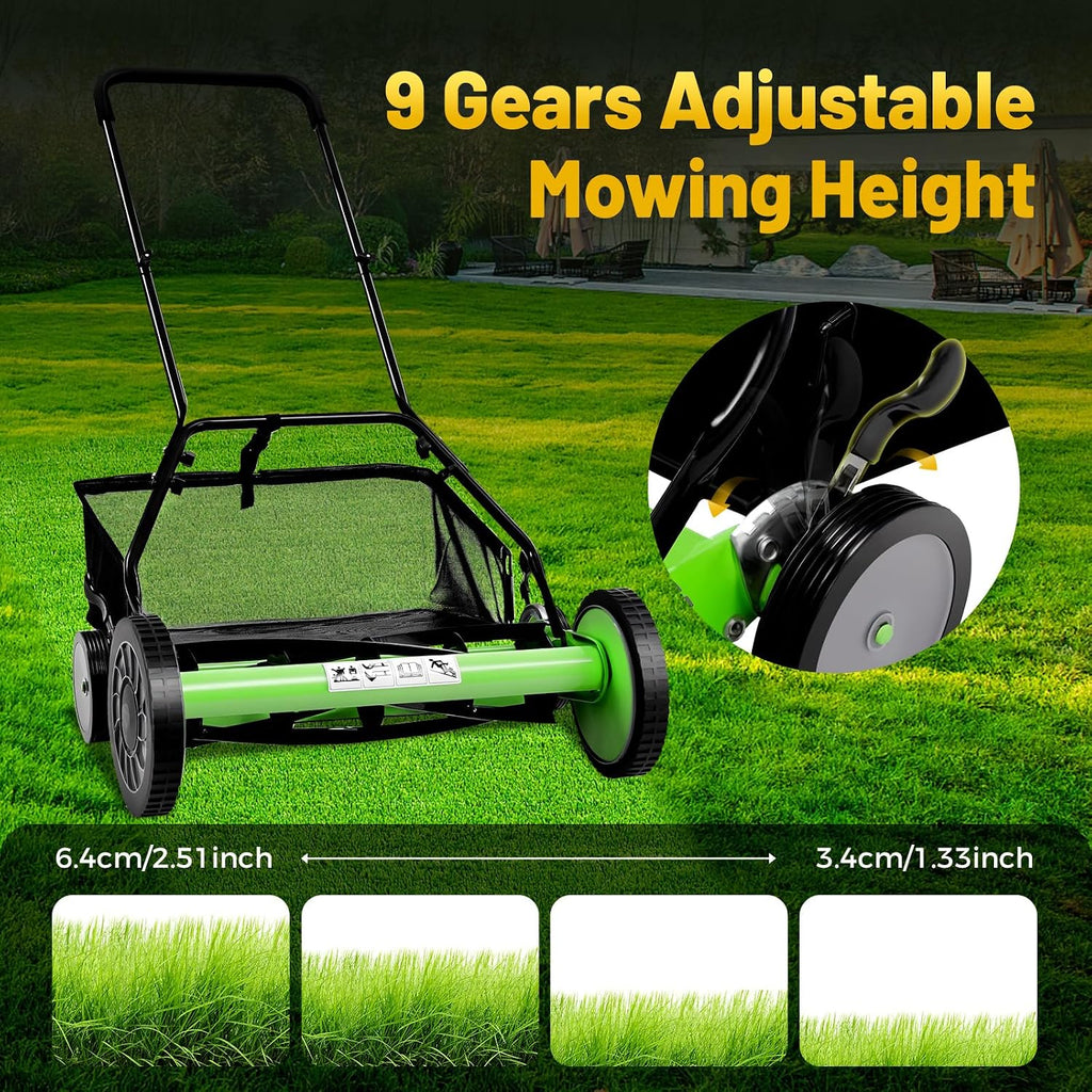 20' Push Reel Lawn Mower, Adjustable Heights Grass Cutter Machine, w/Collection Box, Push Reel Mower 5-Blade for Outdoor Garden Yard Grass Cutting (Green)