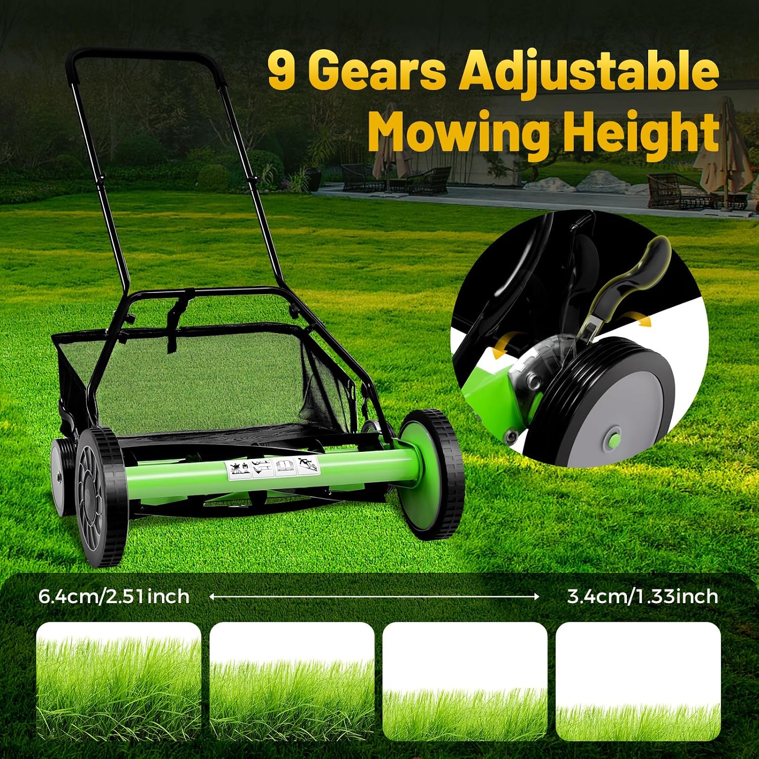 20' Push Reel Lawn Mower, Adjustable Heights Grass Cutter Machine, w/Collection Box, Push Reel Mower 5-Blade for Outdoor Garden Yard Grass Cutting (Green)