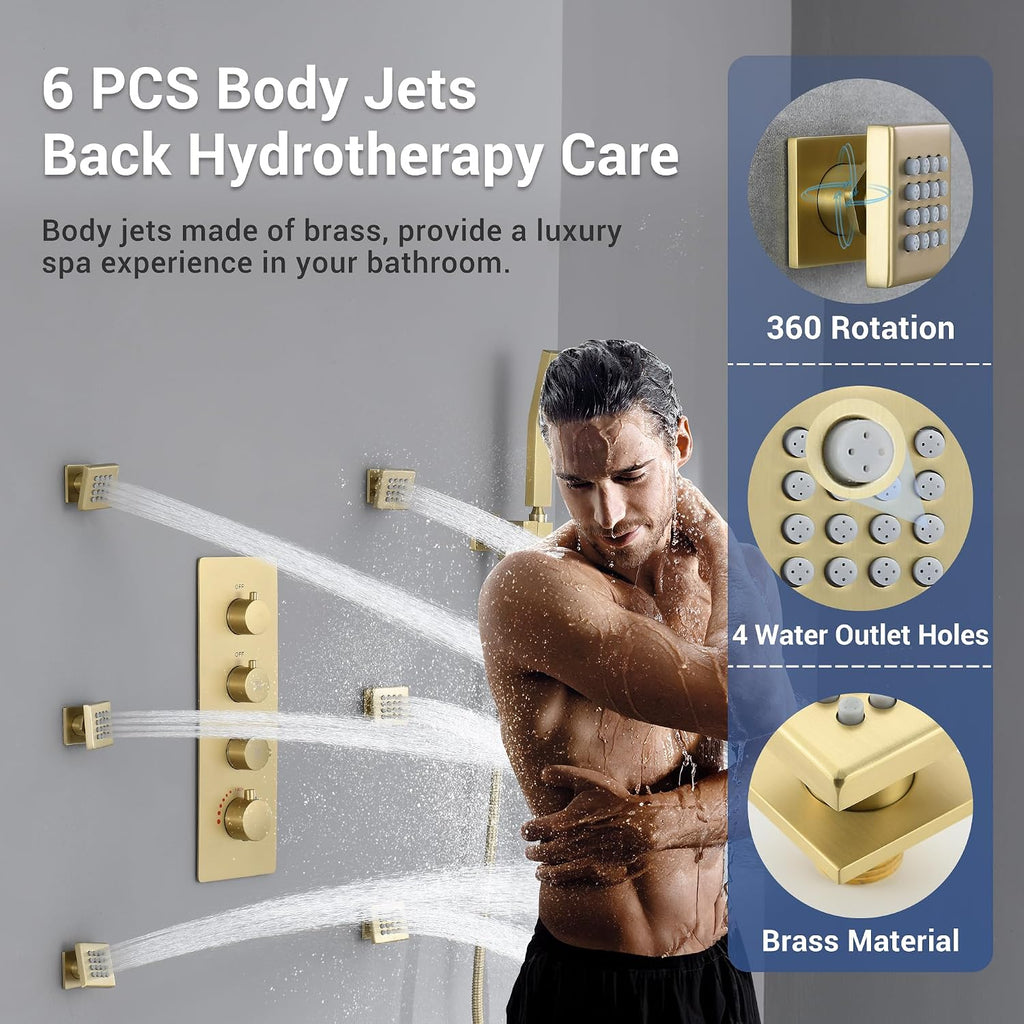 Brushed Gold Thermostatic Shower System with 6 Body Jets & 16-Inch Ceiling Rainfall Shower Head Luxury Full Body Shower Faucet with Handheld Sprayer, Shower Fixtures Set with Valve and Trim