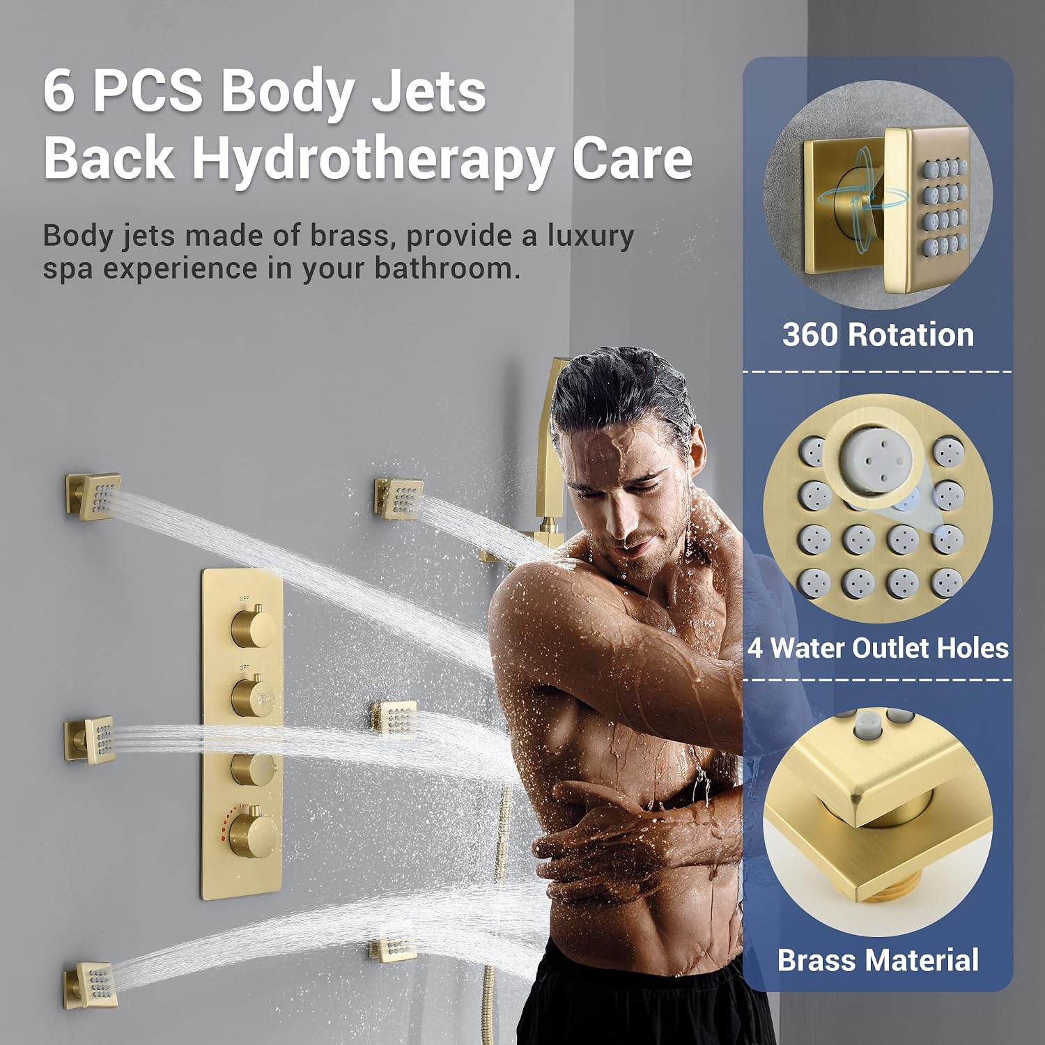 Brushed Gold Thermostatic Shower System with 6 Body Jets & 16-Inch Ceiling Rainfall Shower Head Luxury Full Body Shower Faucet with Handheld Sprayer, Shower Fixtures Set with Valve and Trim
