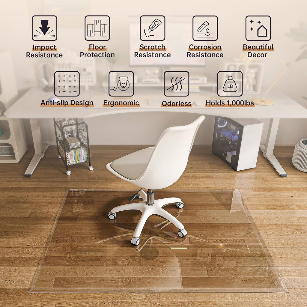 48'x36' Beveled Edge Tempered Glass Chair Mat, 5MM Thick, 1000Lbs Weight Capacity, Clear Ultra-Smooth, Suitable for Hardwood Floors & Carpet, Anti-Scratch Anti-Yellow, Home Office Use