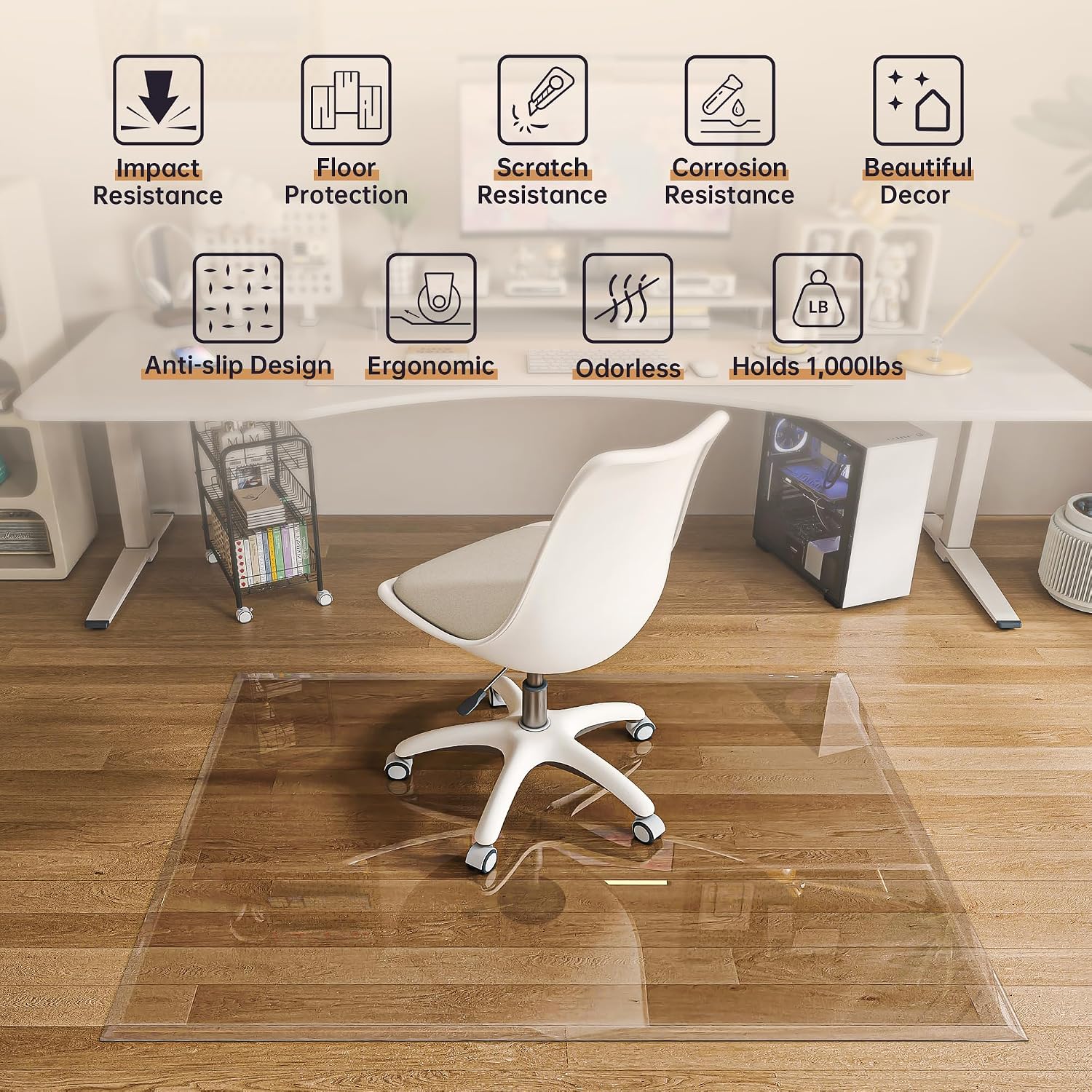48'x36' Beveled Edge Tempered Glass Chair Mat, 5MM Thick, 1000Lbs Weight Capacity, Clear Ultra-Smooth, Suitable for Hardwood Floors & Carpet, Anti-Scratch Anti-Yellow, Home Office Use