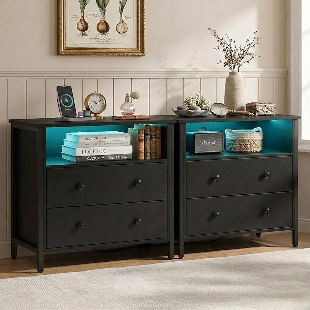 27 Inch Wide Night Stand, Large Wood Night Stand Set 2 with 2 Drawers, LED Nightstand with Charging Station and Adjustable Drawer, Bedside Table for Living Room/Bedroom/Study/Office, Black.
