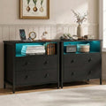 27 Inch Wide Night Stand, Large Wood Night Stand Set 2 with 2 Drawers, LED Nightstand with Charging Station and Adjustable Drawer, Bedside Table for Living Room/Bedroom/Study/Office, Black.