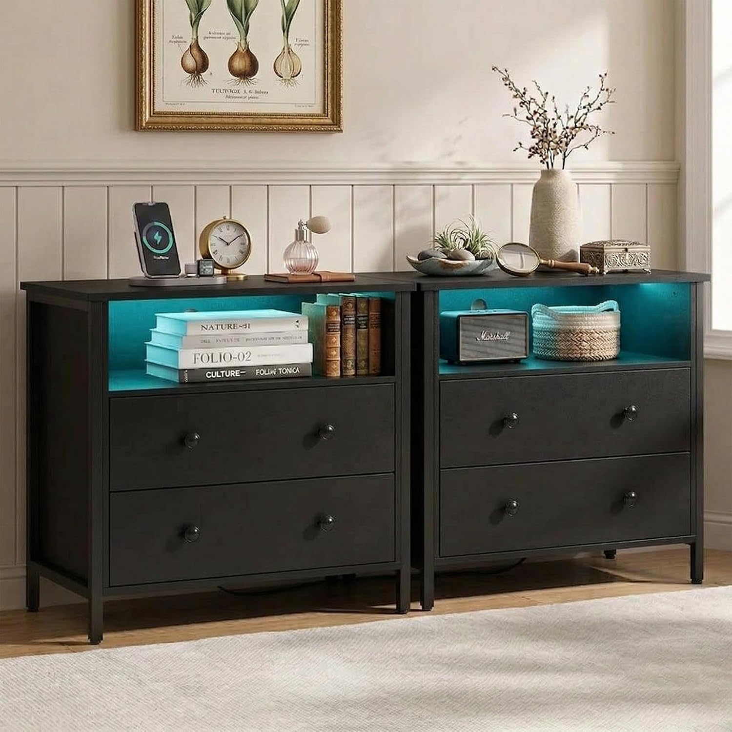 27 Inch Wide Night Stand, Large Wood Night Stand Set 2 with 2 Drawers, LED Nightstand with Charging Station and Adjustable Drawer, Bedside Table for Living Room/Bedroom/Study/Office, Black.