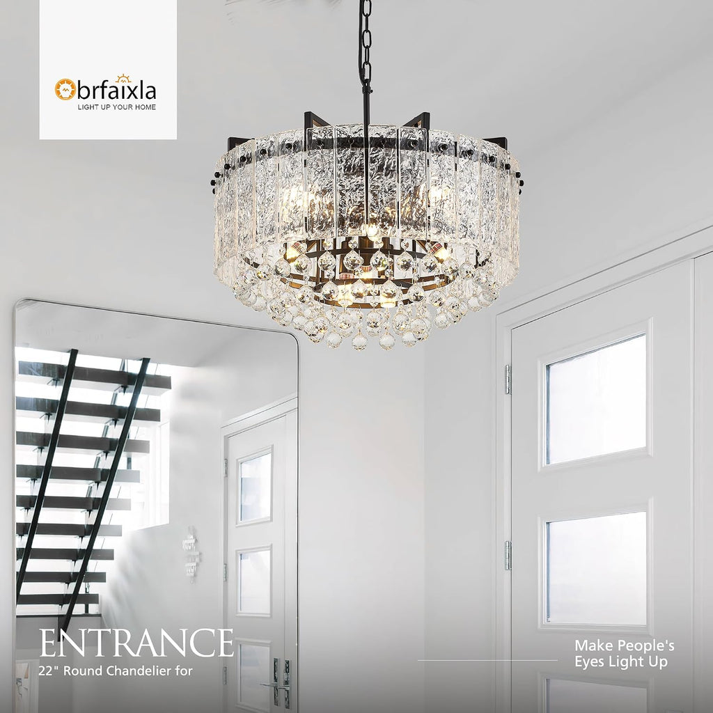 22.2' 10-Light Modern Glass Chandelier Light Fixtures Black 3-Tier Crystal Beads Chandeliers for Dining Room Round Hanging Ceiling Pendant Lighting for Kitchen Island Entryway Foyer Hallway