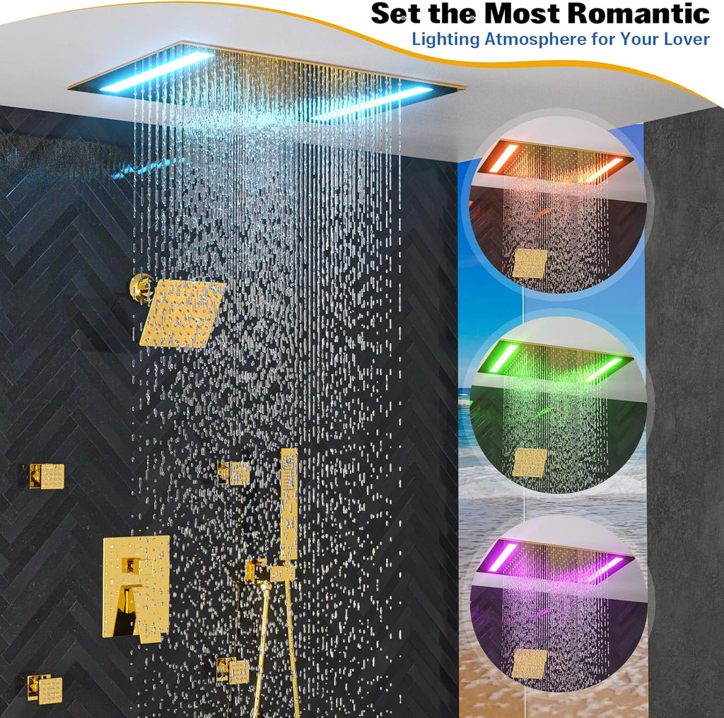 ENGA Bright Gold Dual Rain LED Shower System, 14'x20' Shower Head + 6' Wall Shower, 4 Body Jets with Individual On/Off & Adjustable Water Pressure, Rainfall Shower Faucet Set