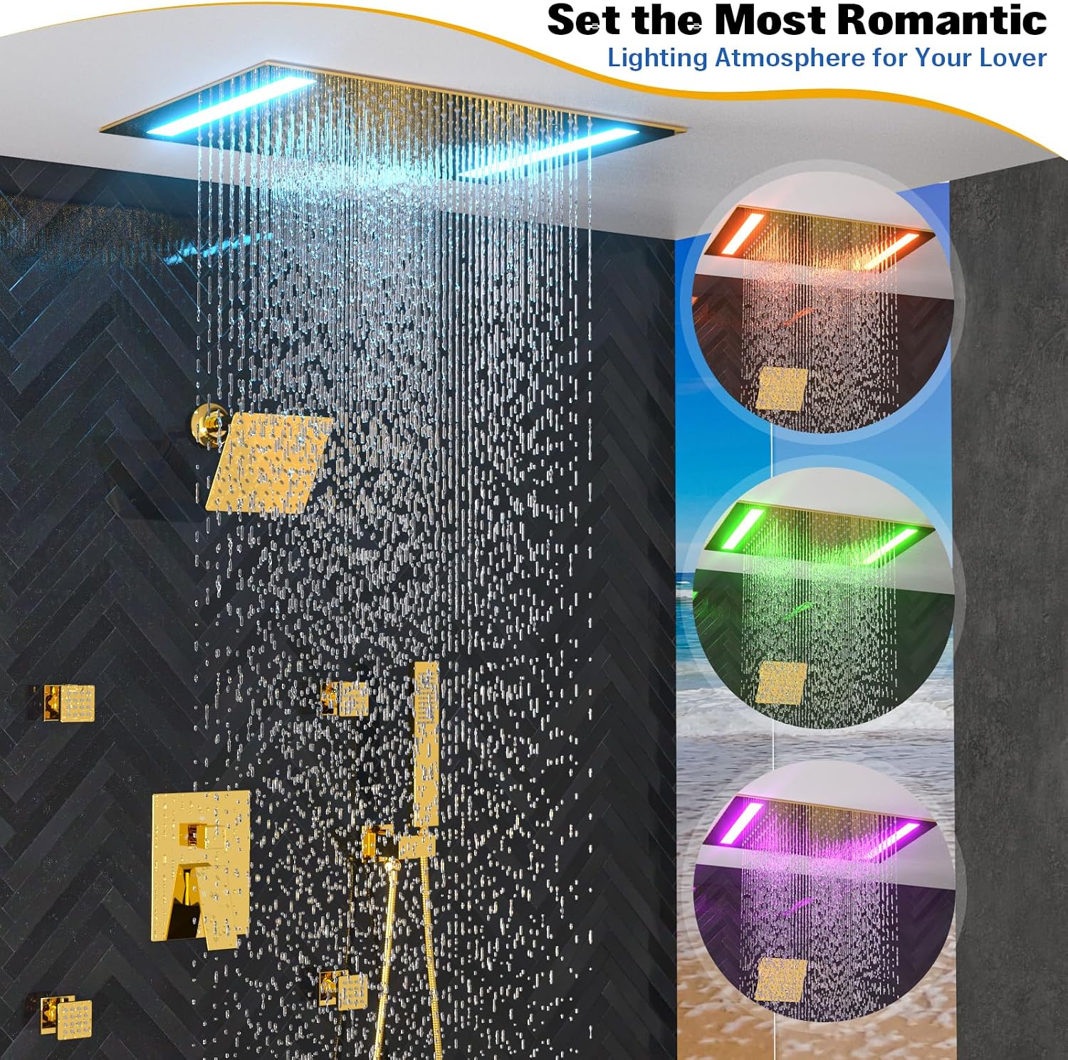 ENGA Bright Gold Dual Rain LED Shower System, 14'x20' Shower Head + 6' Wall Shower, 4 Body Jets with Individual On/Off & Adjustable Water Pressure, Rainfall Shower Faucet Set