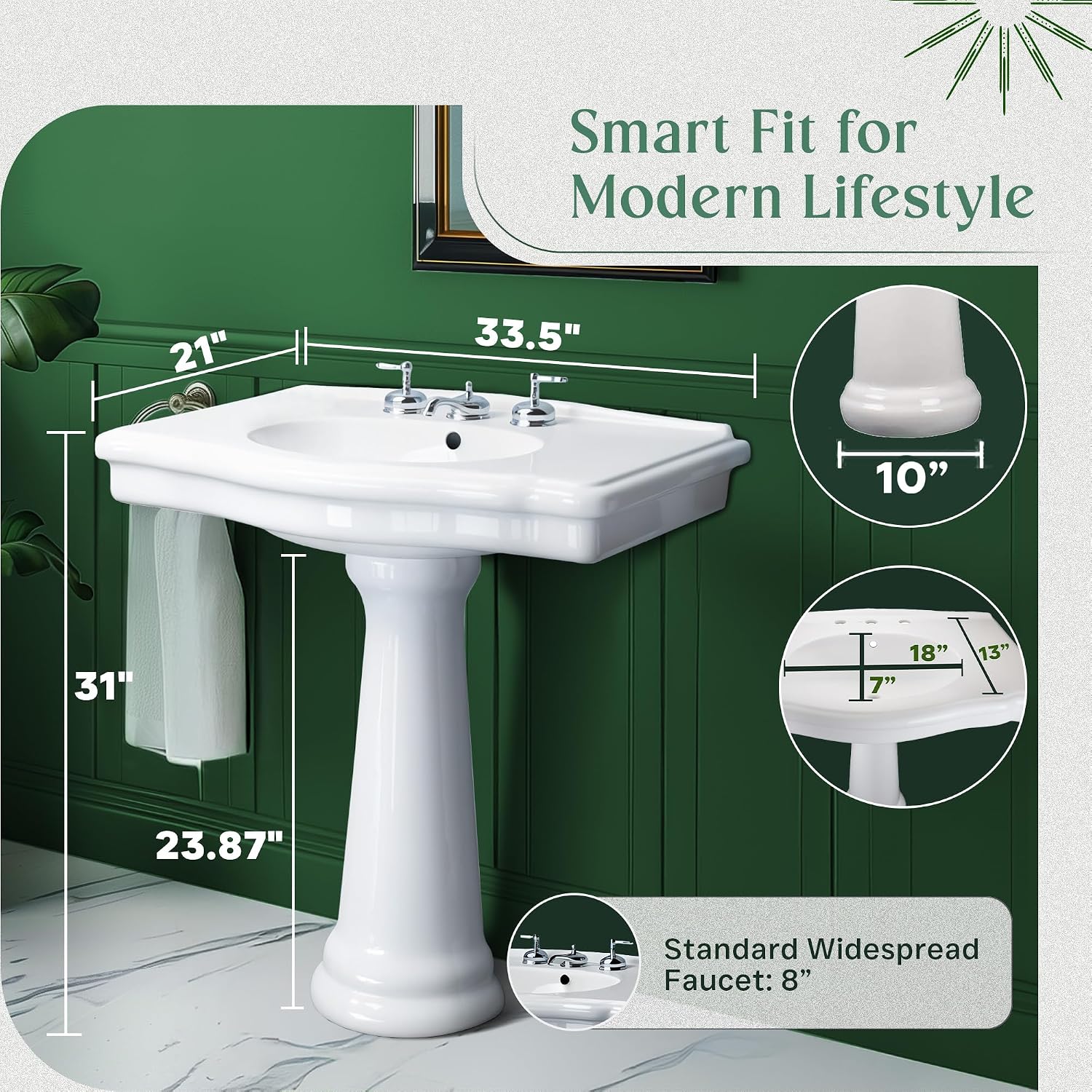 Renovators Supply Manufacturing Darbyshire 34'W x 22.5' D x 32' H Large Bathroom Pedestal Sink. Vitreous China with Overflow, 8 in. Widespread Faucet Holes
