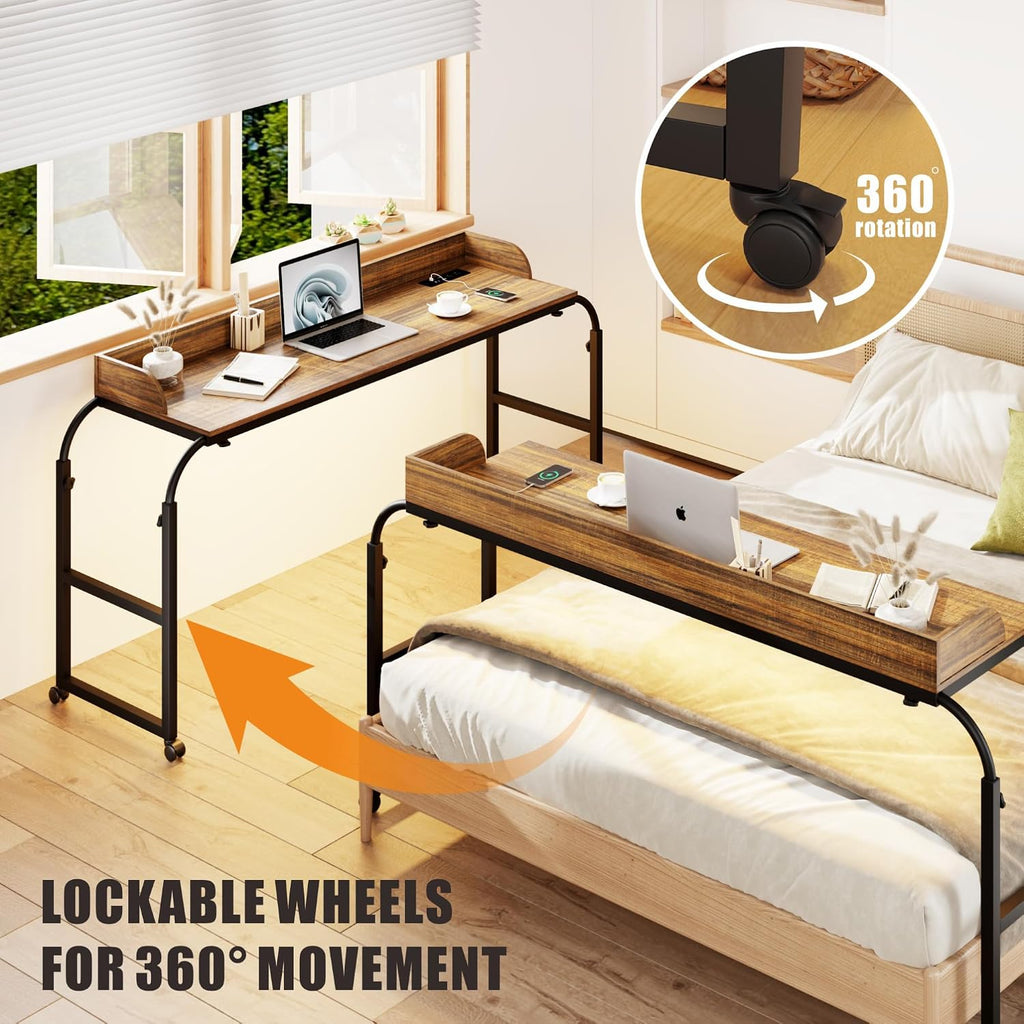 HWB Overbed Desk with Charging Station-Over Bed Table-Adjustable Length/Height with Wheels - Human Sensor LED Light Mobile Queen Size Bed Table Rolling Tray Table for Eating & Laptops, Brown