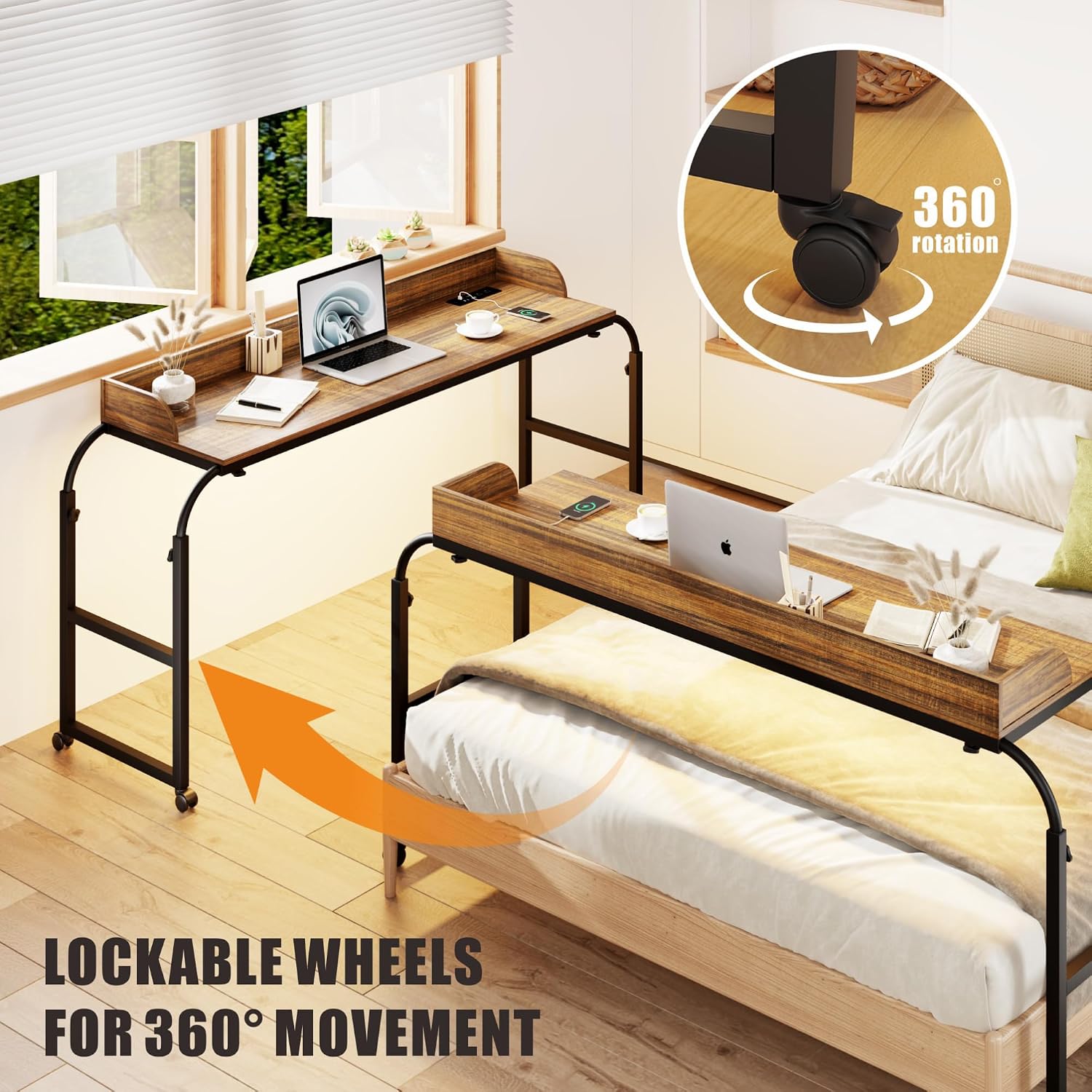 HWB Overbed Desk with Charging Station-Over Bed Table-Adjustable Length/Height with Wheels - Human Sensor LED Light Mobile Queen Size Bed Table Rolling Tray Table for Eating & Laptops, Brown