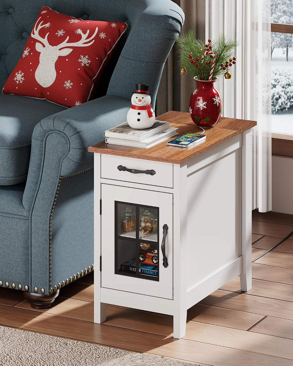 WLIVE End Table with Charging Station, Narrow Side Table for Living Room, Farmhouse Night Stand with Storage, Small Wooden Cabinet Nightstand with USB Ports and Outlets, 23.7' D x 13.78' W x 23.7' H