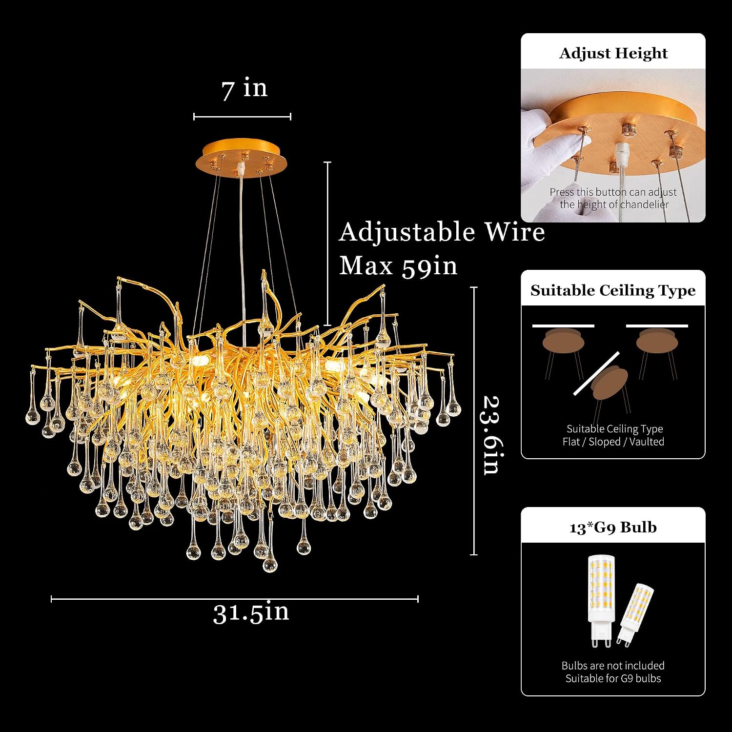 Modern Crystal Raindrop Chandelier, Gold Round Art Deco Tree Branch Lighting Fixture for Dining Room Living Room Foyer 13 Lights D31.5''