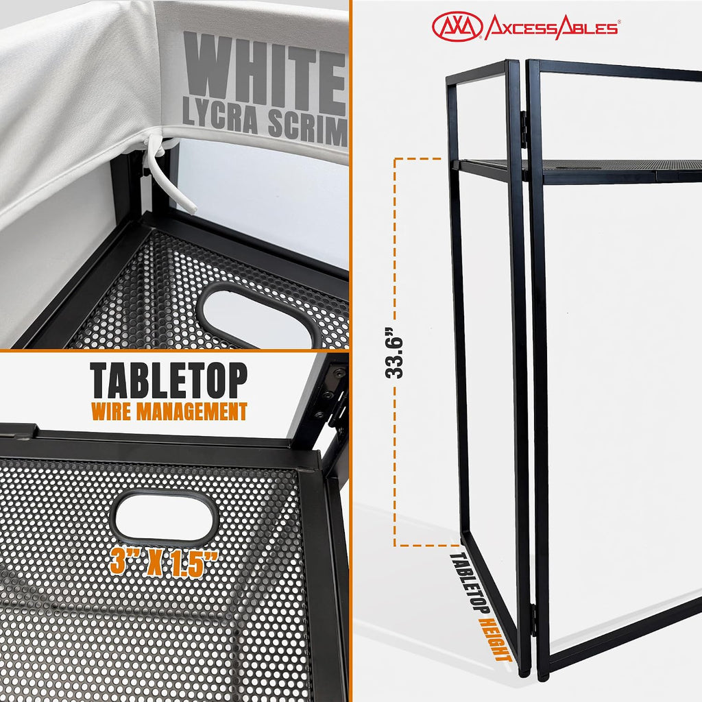 AxcessAbles Portable White DJ Facade Booth with Carry Case – 40' x 20' Tabletop, Steel Frame, and White Scrim | White DJ Table | Event Booth (ES-01X)