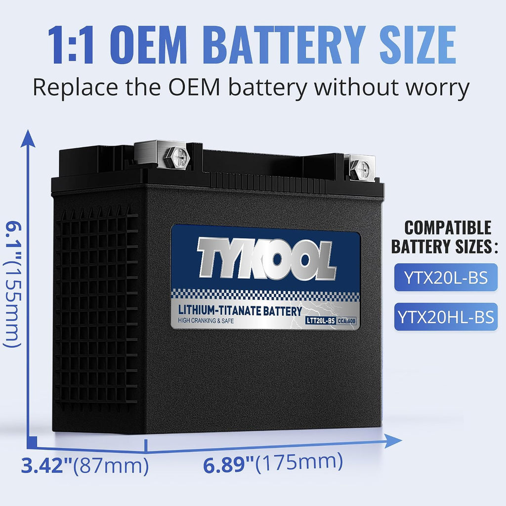 TYKOOL YTX20L-BS YTX20HL-BS, LTT20L-BS, Lithium Titanate Powersports Battery, 600 CCA, Normally Work at 40°F, Fits for Motorcycle,ATV,UTV, PWC, Snowmobile, Lawn Mower, Portable Generator