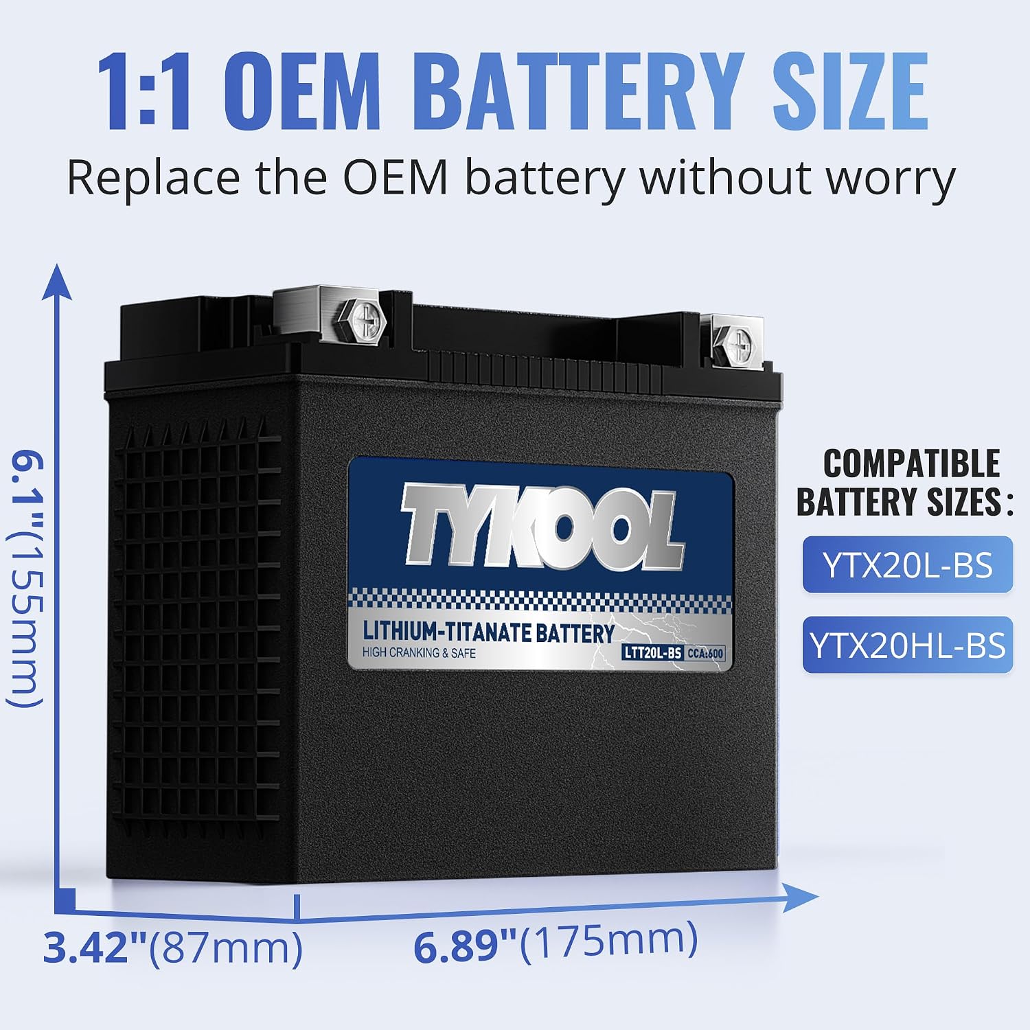 TYKOOL YTX20L-BS YTX20HL-BS, LTT20L-BS, Lithium Titanate Powersports Battery, 600 CCA, Normally Work at 40°F, Fits for Motorcycle,ATV,UTV, PWC, Snowmobile, Lawn Mower, Portable Generator