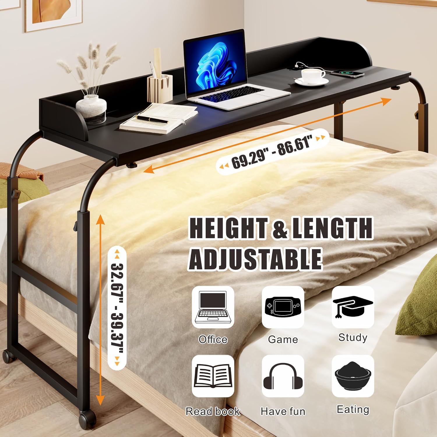 HWB Over Bed Desk with Auto-Sensor LED Lights,Over Bed Table with Wheels Adjustable Height with Charging Station,Beside Table,Rolling Tray Table for Laptop and Writing for Living Room,Black