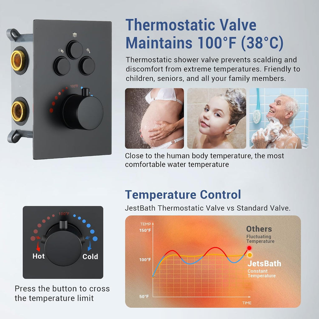 Thermostatic Shower System 22-Inch Rain & Waterfall Large Shower Head, Matte Black Luxury Shower Faucet Set with High Pressure Handheld Sprayer, Wall Mount Shower Fixtures Include Valve
