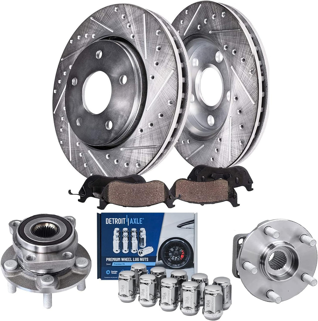 Detroit Axle - Front Brake Kit for Subaru Impreza Forester XV Crosstrek, Drilled & Slotted Brake Rotors Ceramic Brake Pads Wheel Bearing Hubs Wheel Lug Nuts Replacement