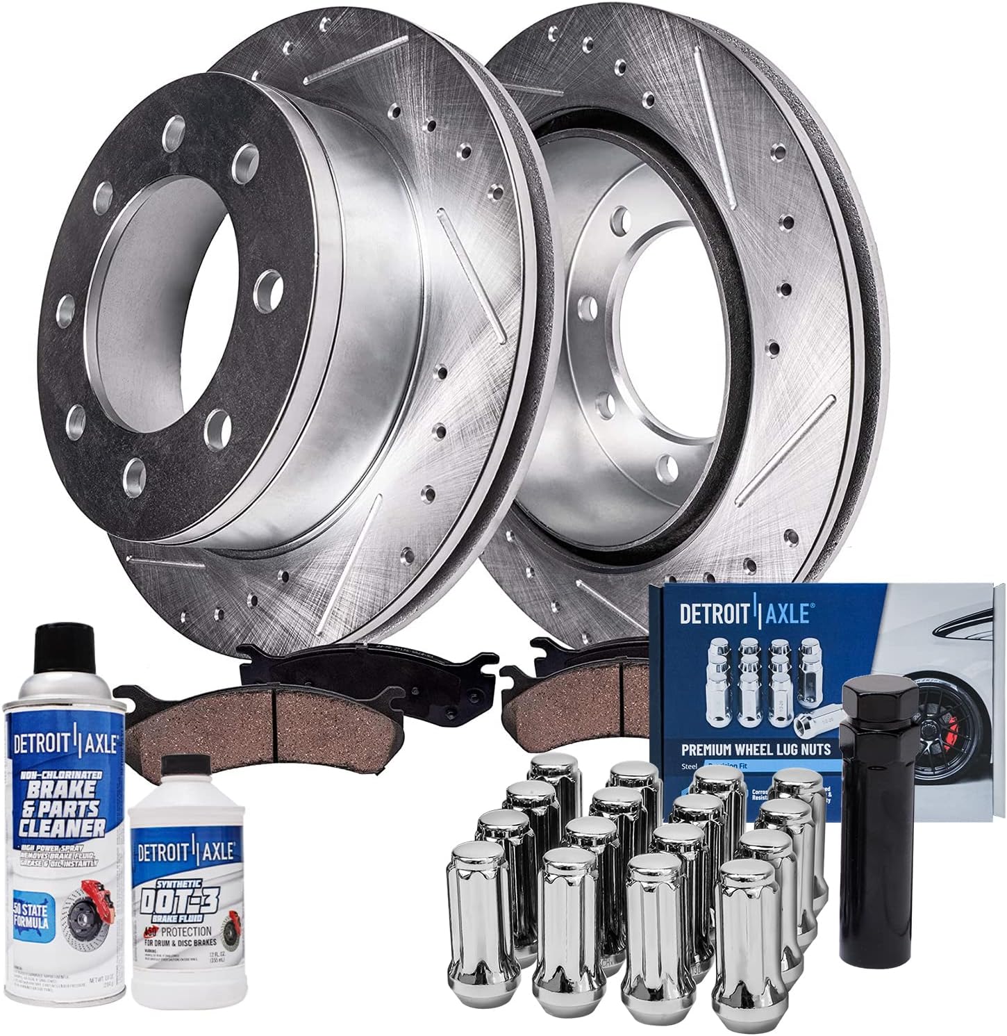 Detroit Axle - Front Brake Kit for Chevy GMC Silverado Sierra 1500 2500 3500 HD Express Savana 2500 3500 Avalanche Suburban Yukon XL 2500 Cadillac DTS DeVille Hummer H2, Brake Rotors Pads Lug Nuts