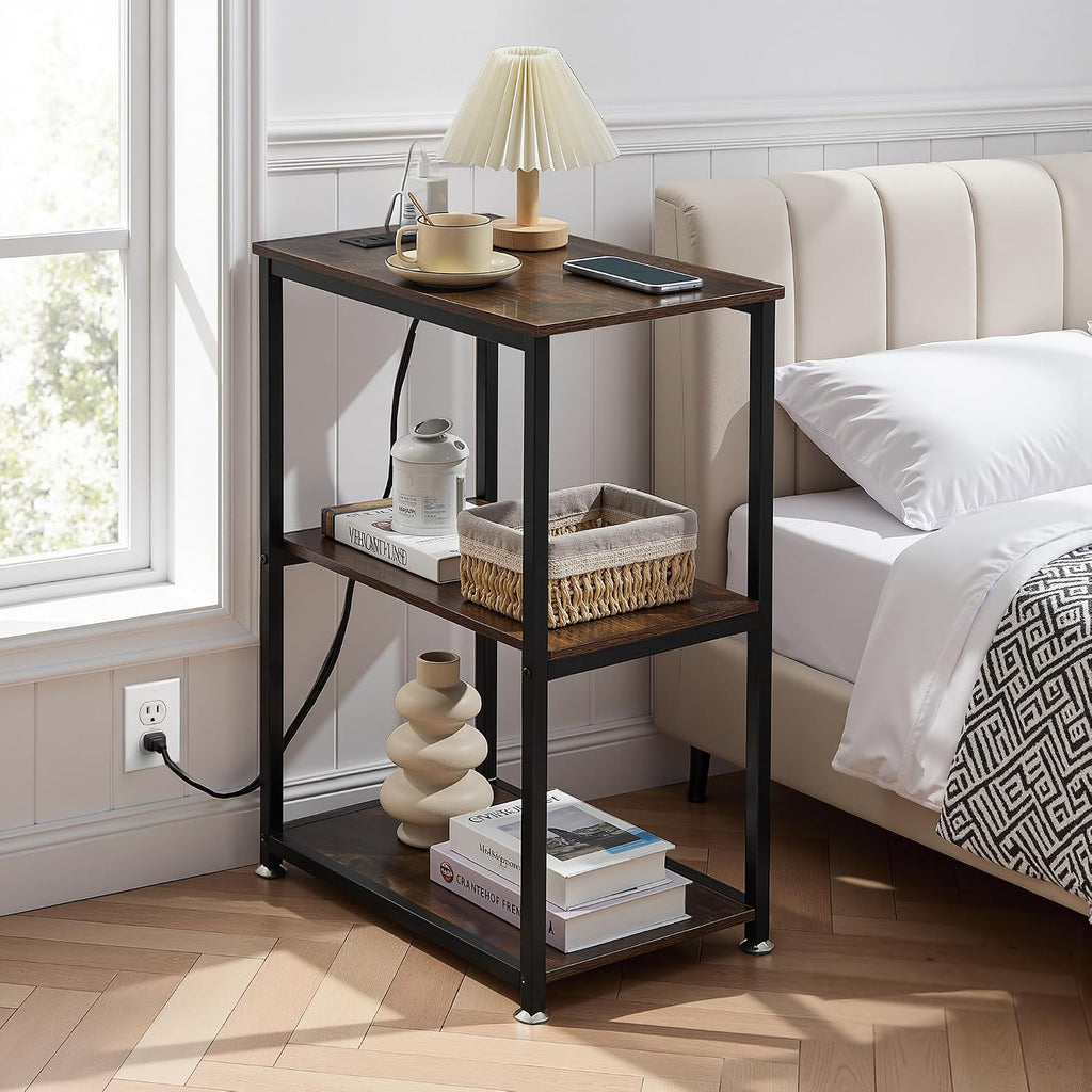 VECELO Tall End Table with Charging Station, Side Table with USB Ports and Outlets, 30' Height Nightstand with 3-Tier Storage Shelf for Living Room Bedroom Office Hallway Study