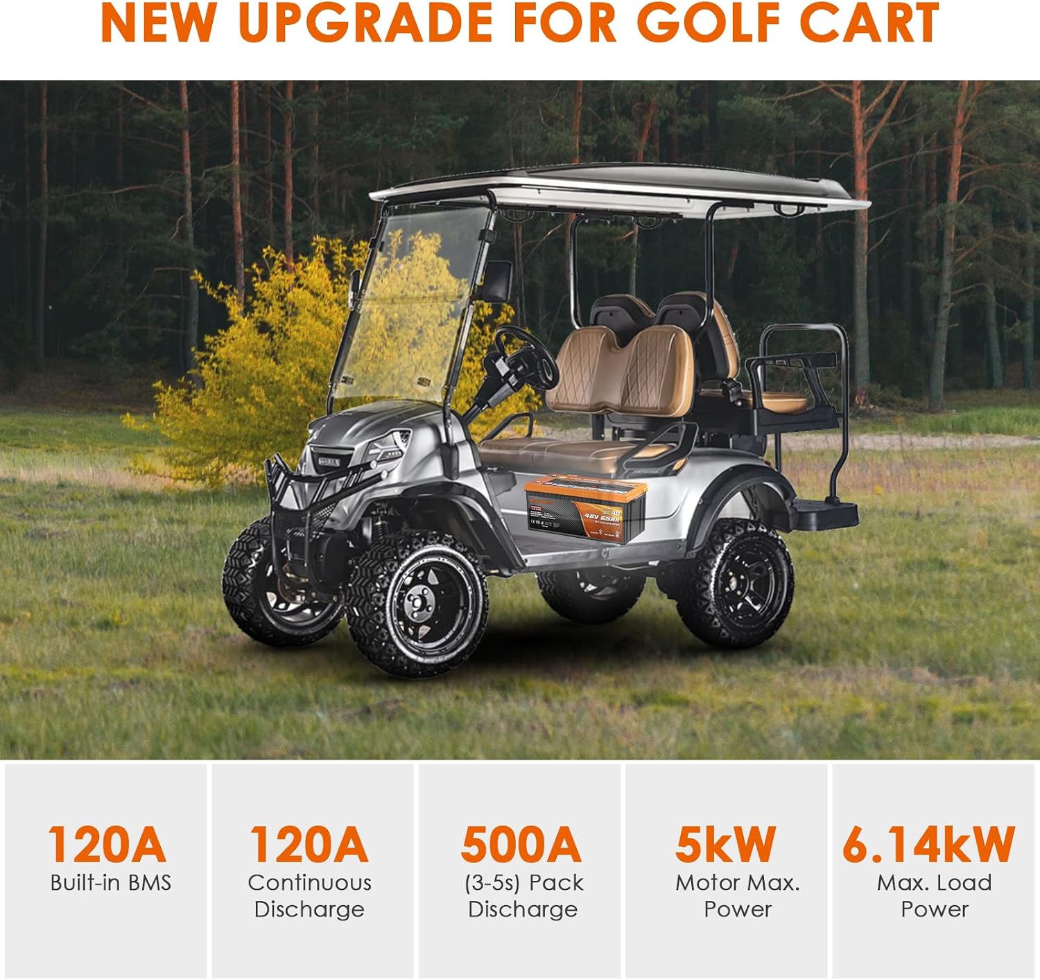 Enjoybot 48V 65Ah LiFePO4 Lithium Battery Self Heating with 58.4V 10A Charger, Built-in 120A BMS and Bluetooth, 10-Year Lifetime, Peak Current 500A for Golf Cart RV Camper Solar