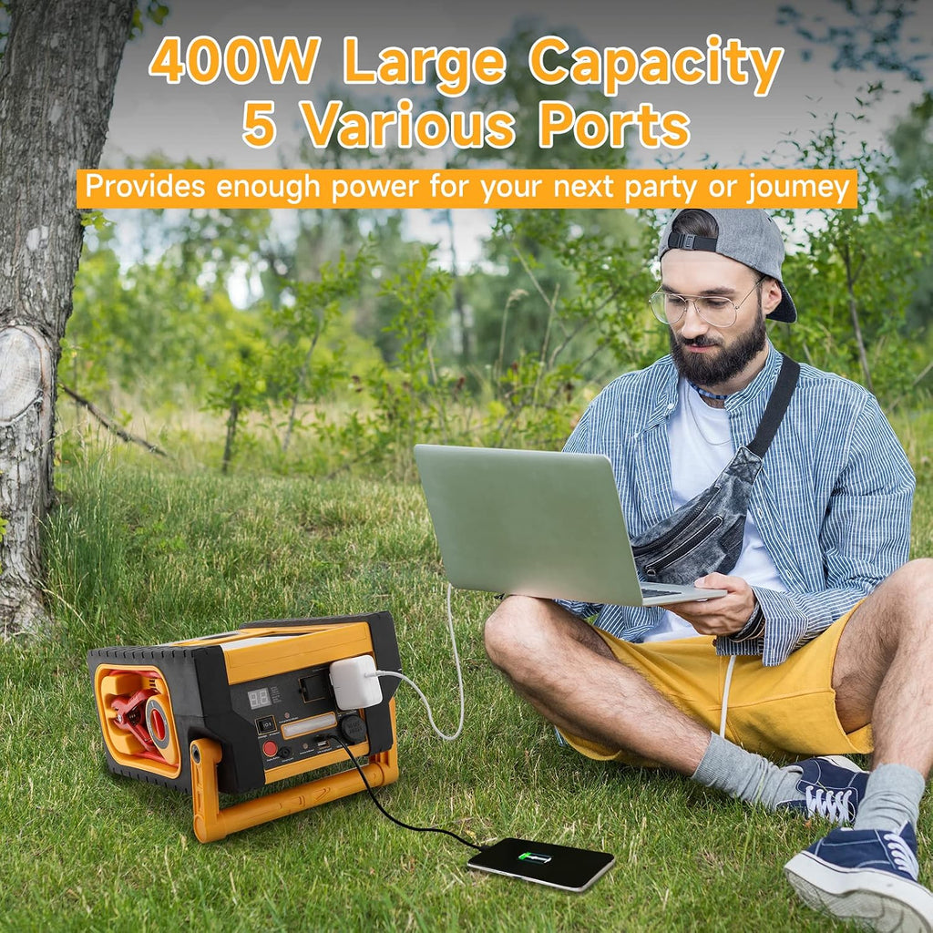 Solar Portable Power Station, 2000Amps Car Battery Jump Starter Battery Pack with 400W Inverter Dual AC/DC/USB Output, 260 PSI Air Compressor, 12V Jump Box for Car Battery with Flashlights