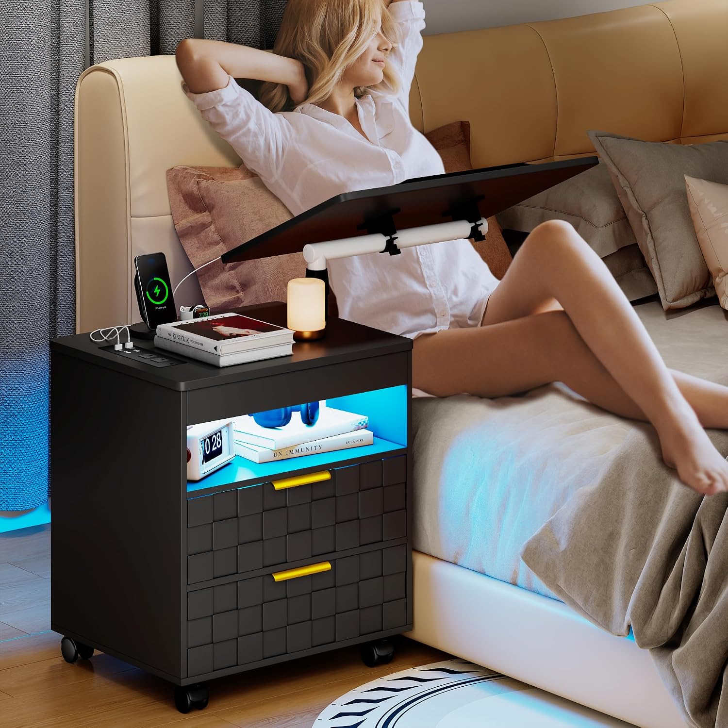 Lareth Height Adjustable Nightstand with Charging Station, LED Bedside Table 2 Drawers, Smart Wooden End Table Dorm Rolling Side Table Laptop Workstaion with Wheels for Bedroom, Black