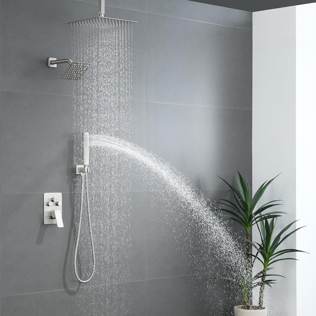 Shower Faucet Set, Brushed Nickel Shower System with Rain Shower and Handheld Bathroom Rainfall Ceiling 12 Inch Shower Set with Valve
