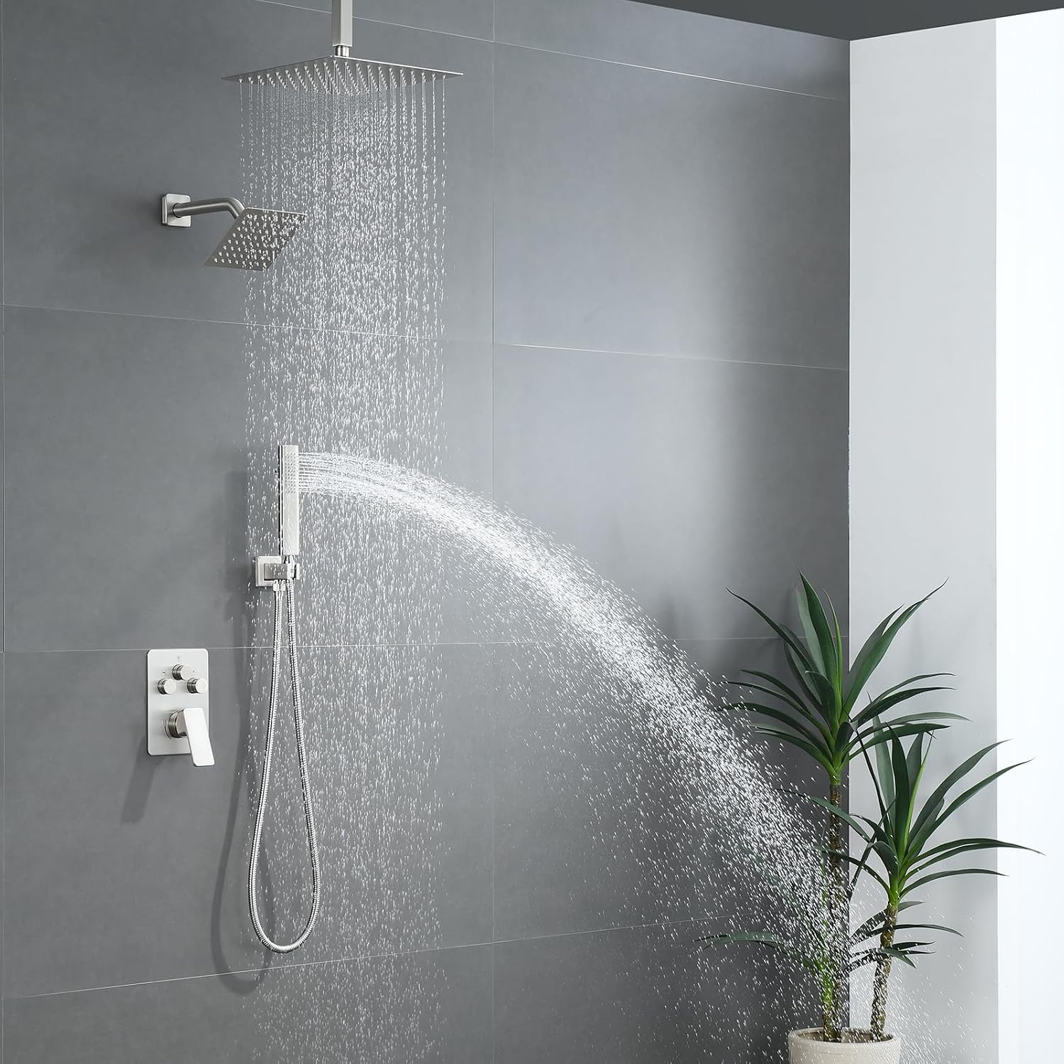 Shower Faucet Set, Brushed Nickel Shower System with Rain Shower and Handheld Bathroom Rainfall Ceiling 12 Inch Shower Set with Valve